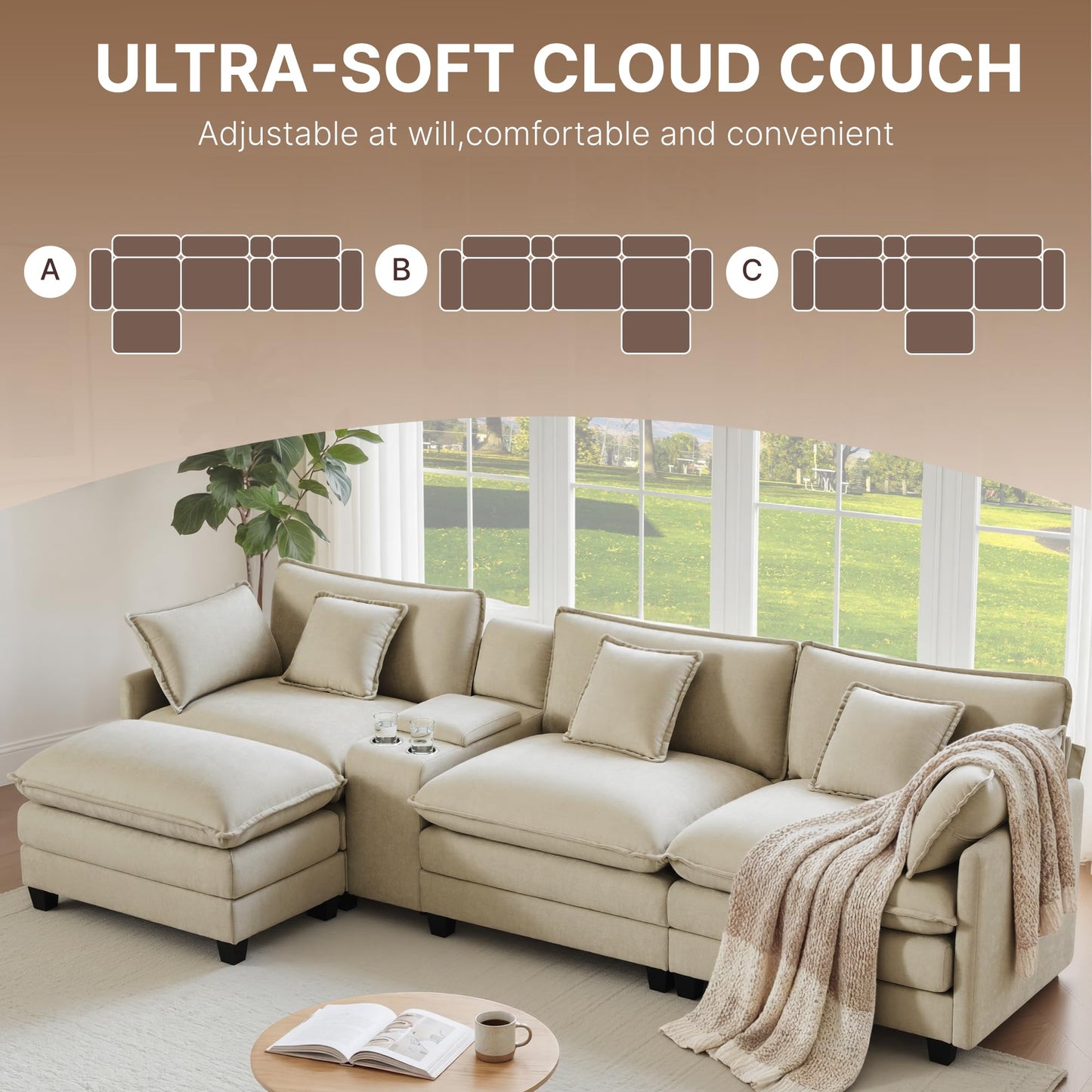 122" Oversized Modular Sectional Sofa with Storage Console,L-Shaped Cloud Couch with Movable Ottoman,Deep Seat,Thick Cushions, Multi Functional Console with USB & 2 Cup Holder,Sofa Set for Living Room