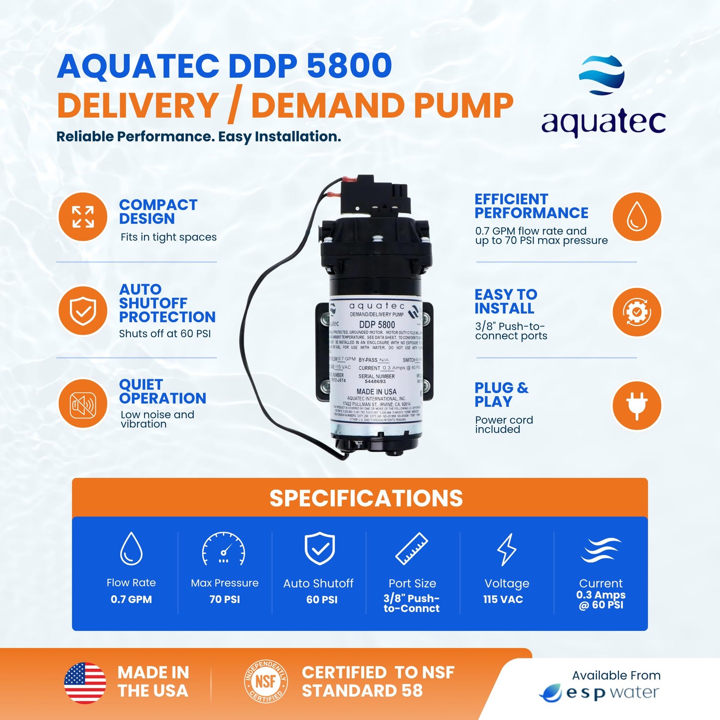 Aquatec DDP 5800 RO Delivery Demand Pump, 0.7 GPM, 3/8-Inch Quick Connect, 120V – High Flow Rate, Durable, Compact, Quiet, Compatible with Most Tank-Based Reverse Osmosis Systems 5851-7E12-J574