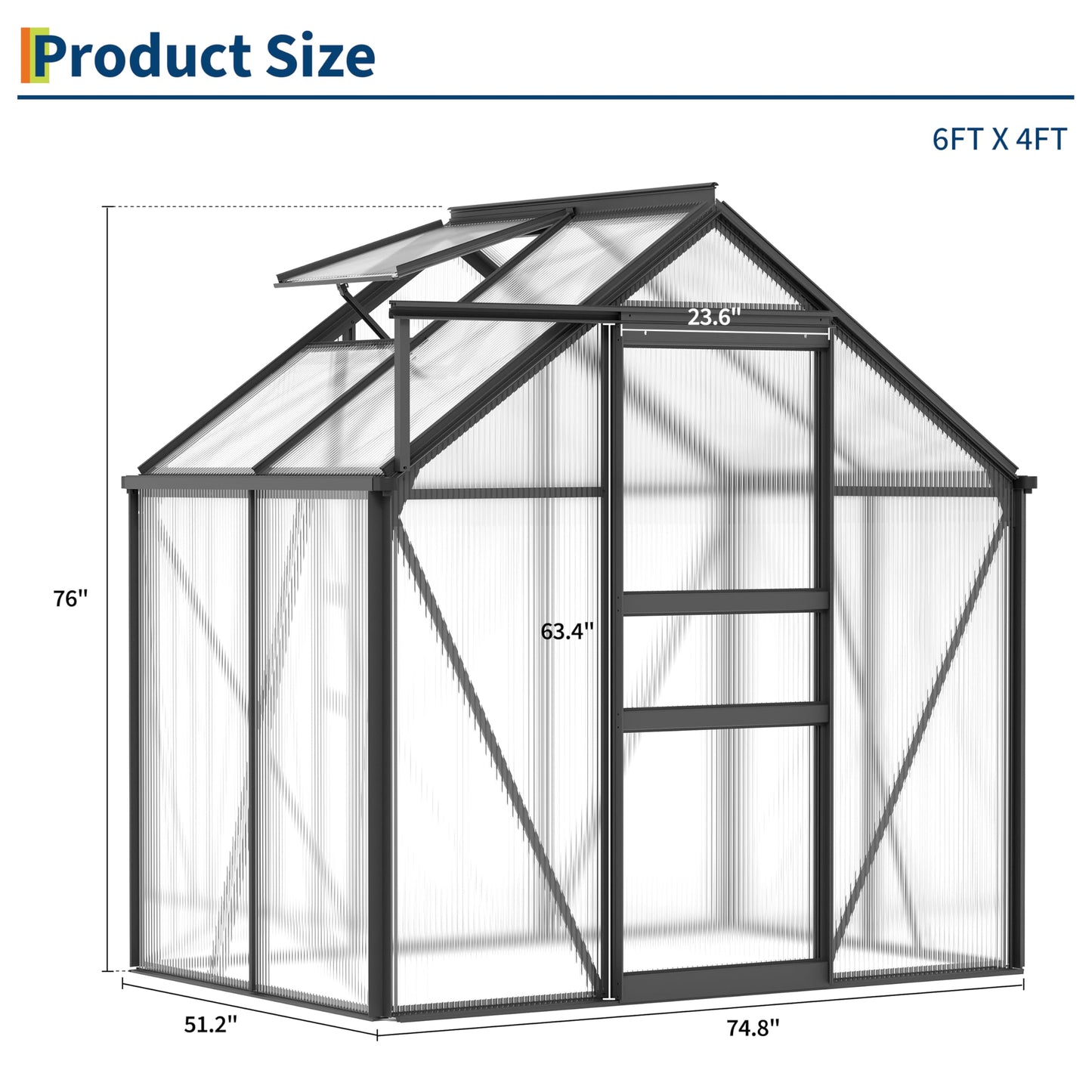 GarveeLife 6 x 4 FT Walk-in Greenhouses for Outside, Polycarbonate Greenhouse with Sliding Door, Adjustable Roof Vent, Aluminum Frame, Backyard Green Houses for Patio Garden