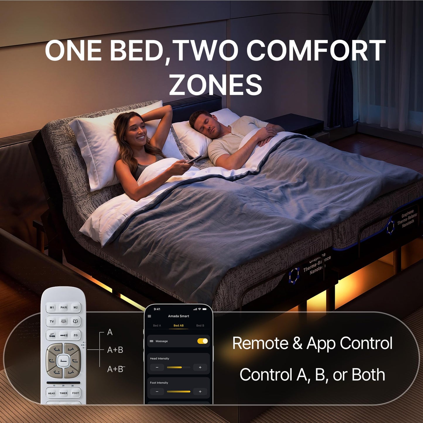 AMADA HOMEFURNISHING Split King Adjustable Bed Set, 3-Motor Adjustable Bed with Massage, Head & Foot Lift, Headrest Tilt, Zero Gravity, Anti-Snore, App & Remote Control, Easy Setup