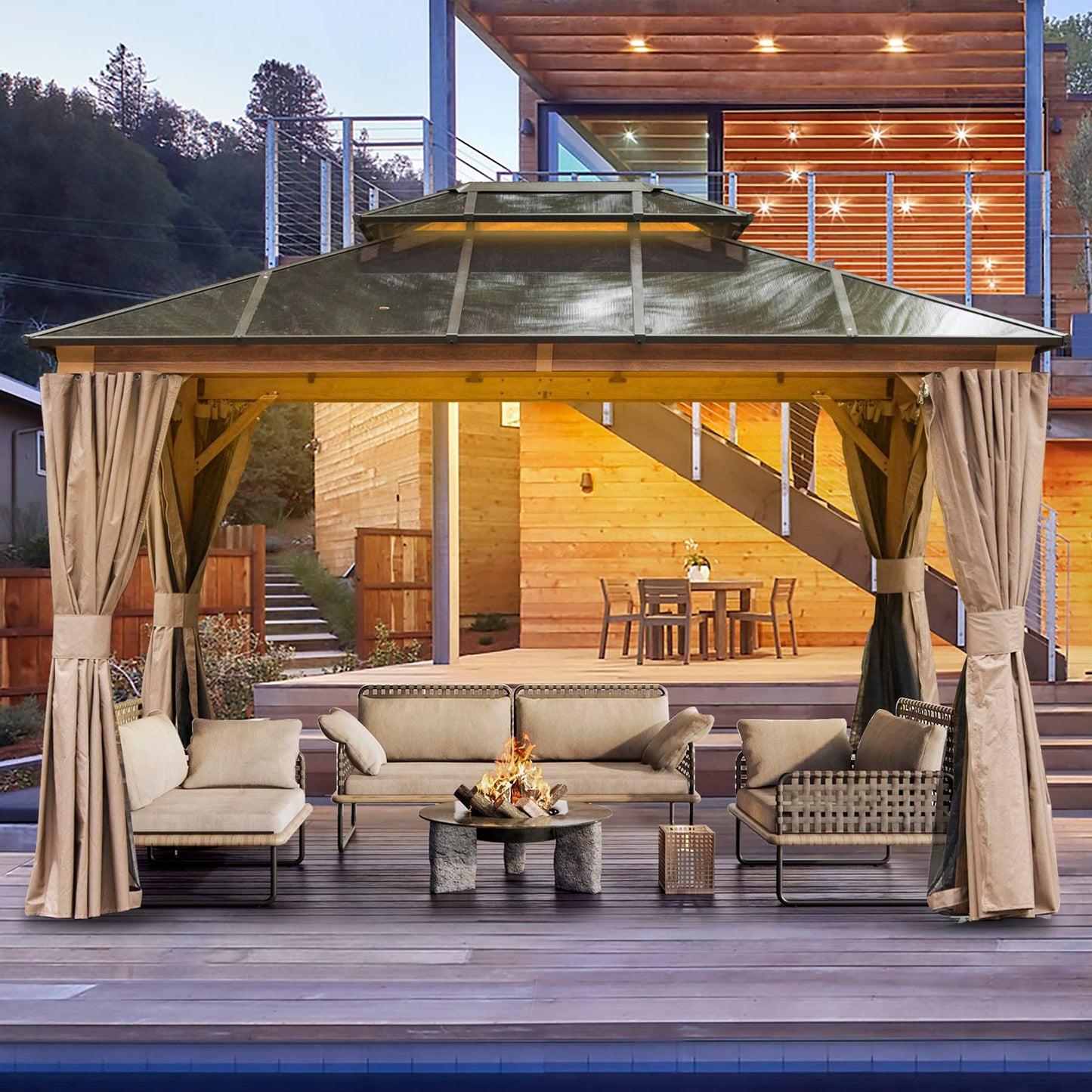 Domi 10' X 12' Hardtop Gazebo with Polycarbonate Double Roof, Aluminum Frame, Curtains & Netting, All-Weather Backyard Shade Structure for Patio, Garden, Deck, and Lawn, Wood-Look Finish