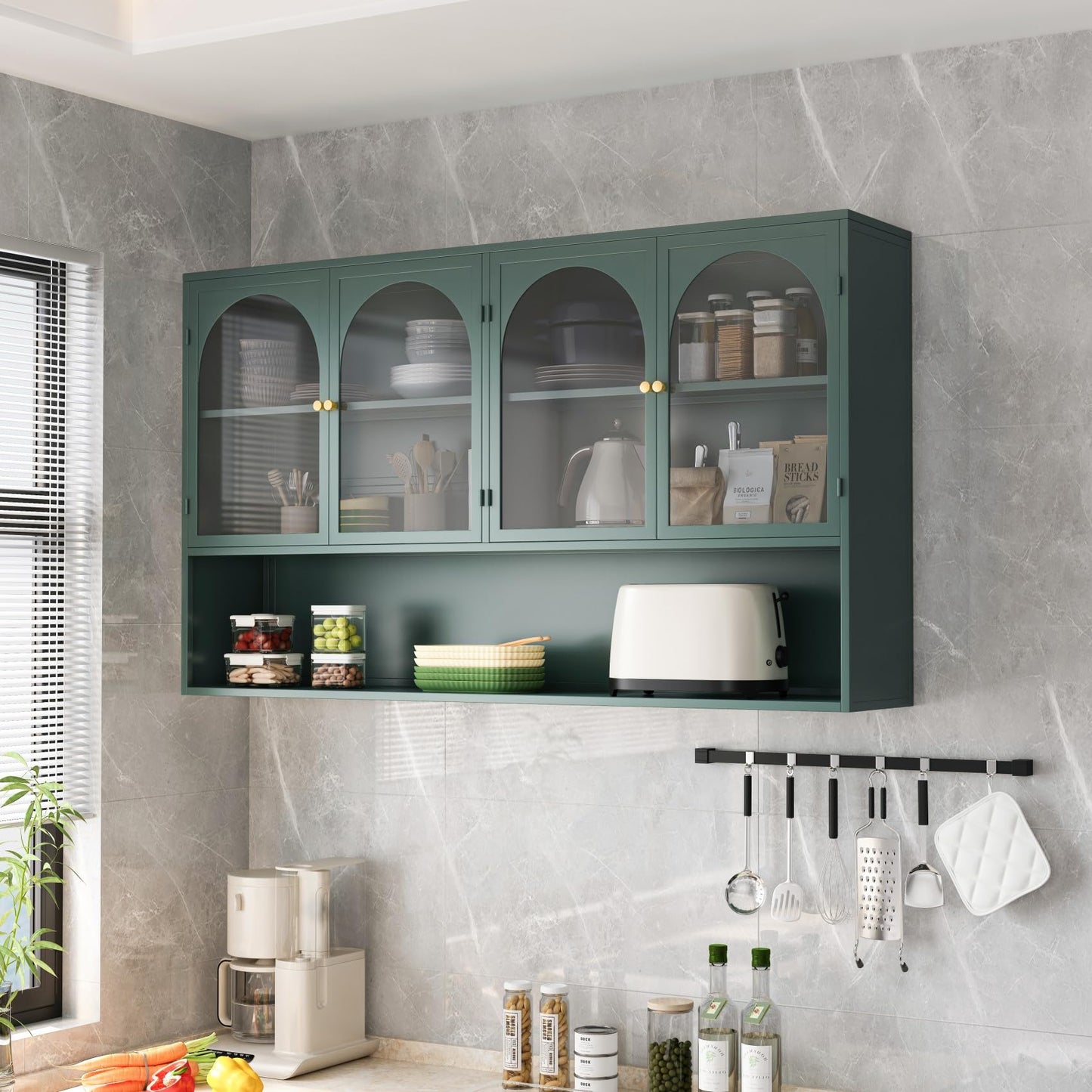 KEIKI 47" Wall Sideboard Buffet Storage Medicine Cabinet with 4 Glass Doors & Shelves, Modern Metal Credenza for Kitchen, Dining, Living Room, Coffee Bar, Entryway