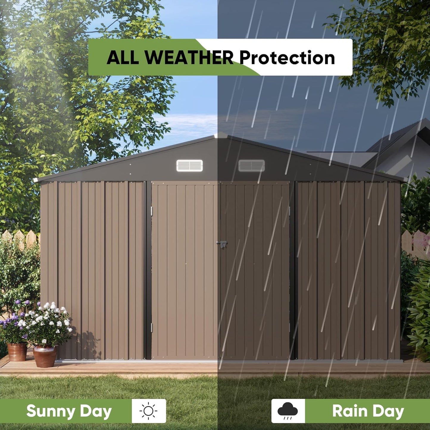 Greesum 10x10FT Outdoor Storage Shed, Utility Tool Shed Metal Storage Shed with Door & Lock for Patio Storage, Garden, Lawn, Brown