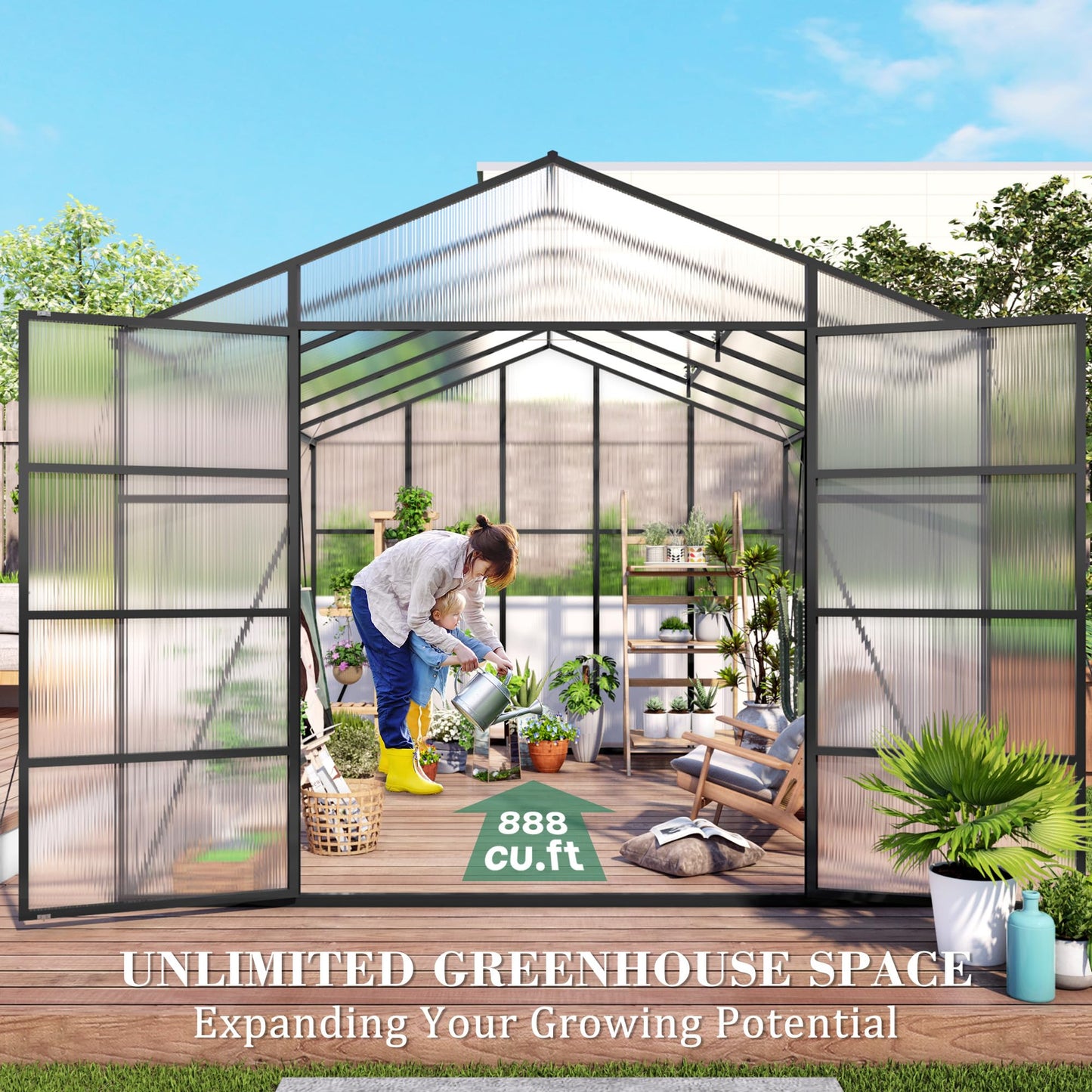 KEIKI 10x12 FT Polycarbonate Greenhouse for Outdoors, Heavy-Duty Aluminum Walk-in Greenhouse with Raised Base, Roof Vent & Drainage System, All-Season Garden Greenhouse, Black