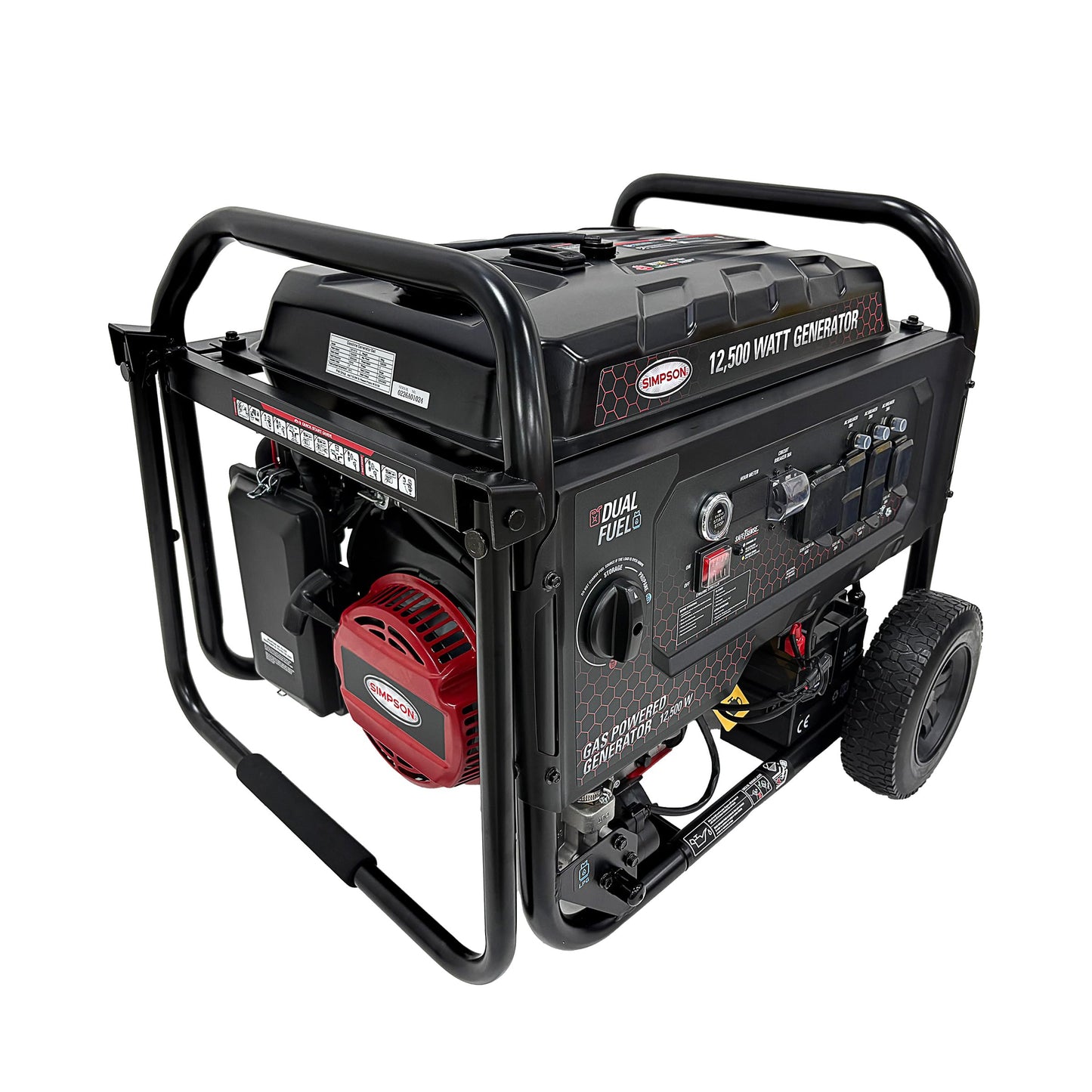 Simpson 12500 Watt Portable Generator, Dual Fuel Gas Generator with Handle and Wheels, 2 120V Duplex Outlets, 120V/240V 4-Prong Outlet, 120V 3-Prong Outlet, 10000 Running Watts, CO Sensor (SF1012)