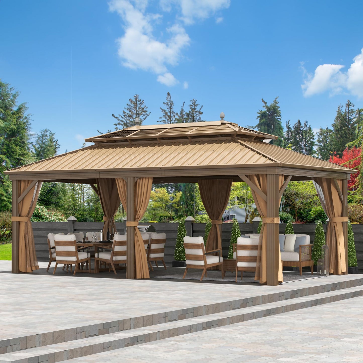 DWVO 12x20 ft Hardtop Gazebo with Nettings and Curtains, Outdoor Heavy Duty Aluminum Gazebo Combined of Horizontal and Vertical Stripes Roof for Patio, Backyard, Deck, Lawns and Balcony (Bronze)