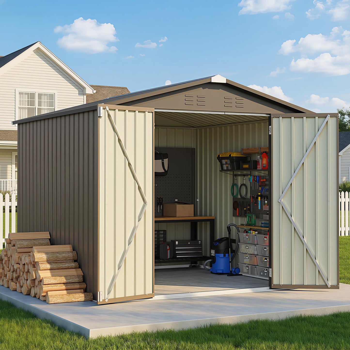 Greesum 8x8FT Outdoor Storage Shed, Utility Tool Shed with Sloping Roof, Metal Storaged Garden Shed with Door & Lock for Patio Storage, Brown