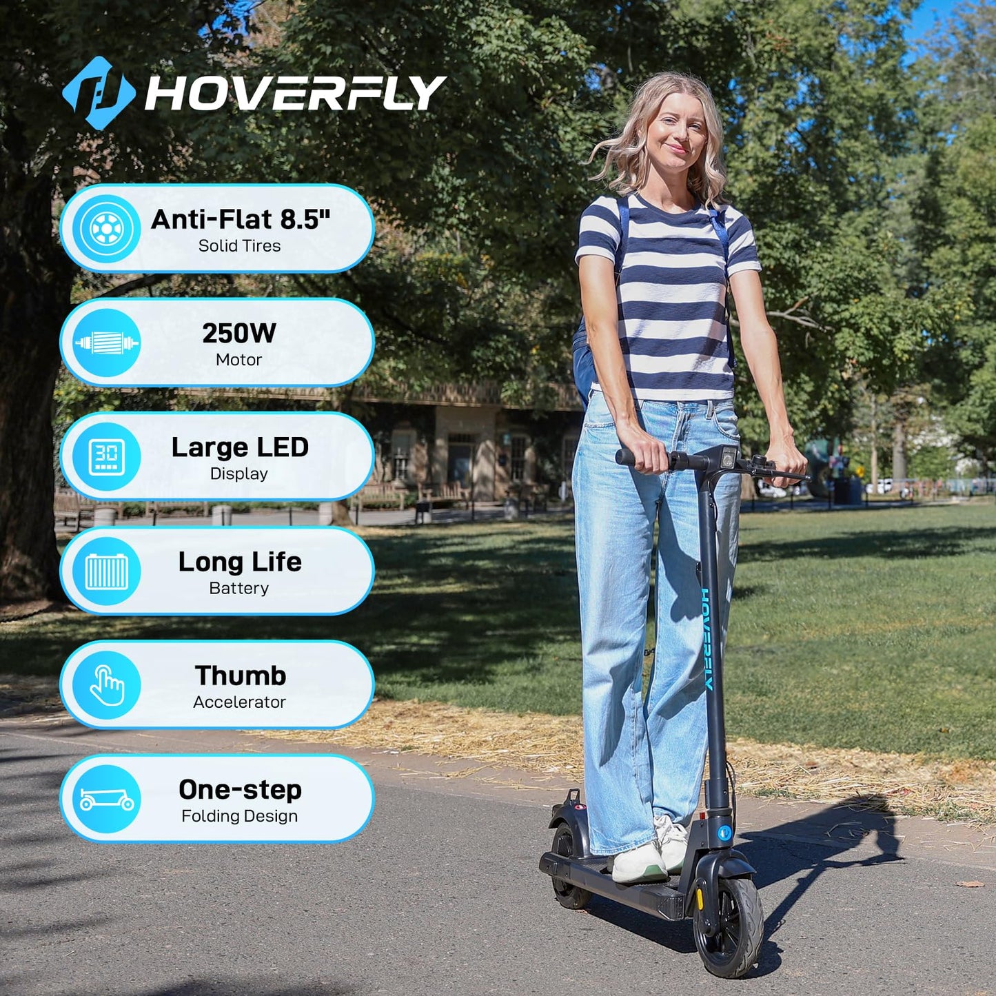 HOVERFLY X1 Electric Scooter for Adults, Anti Flat 8.5" Solid Tire, Max 10 Mile Range and 15.5Mph Speed Power by 250W Motor, Lightweight Portable Foldable Commuting E Scooter with EABS&Disc Brake