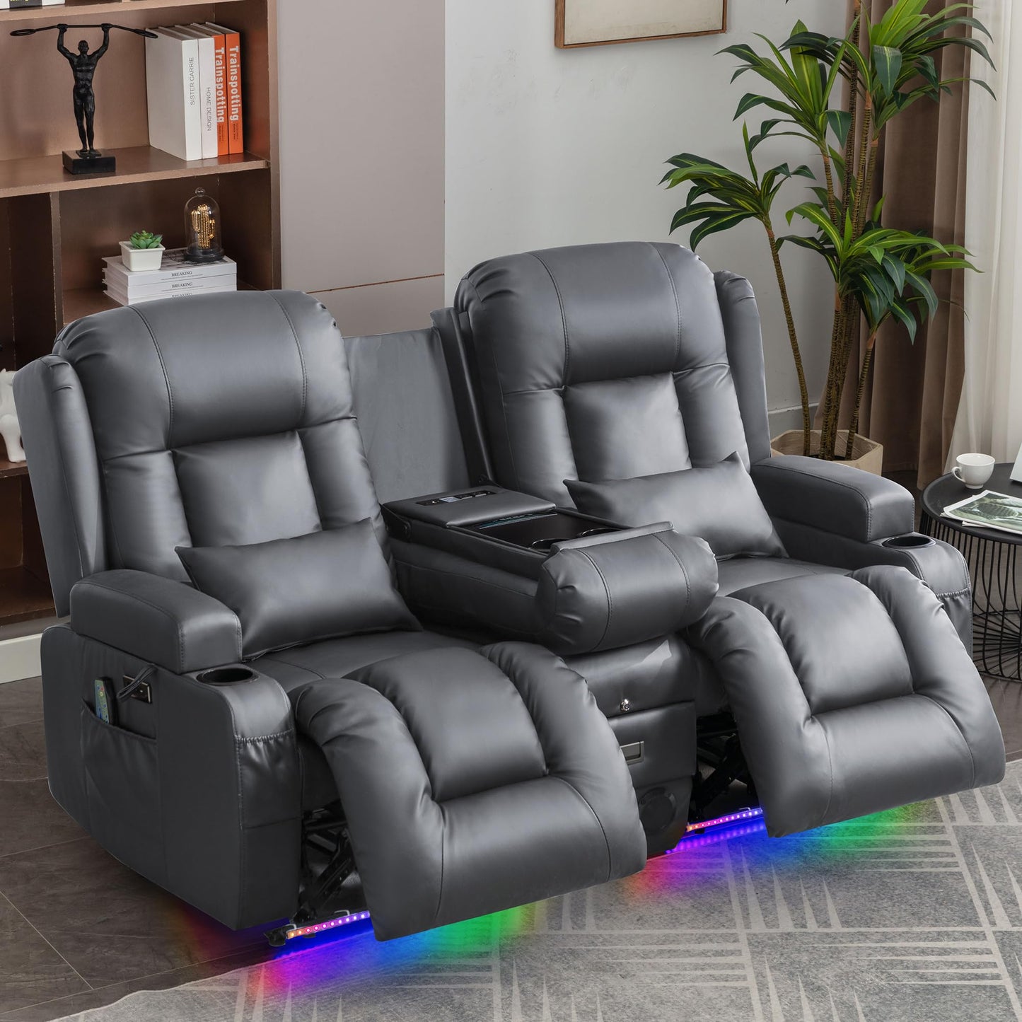 URRED Power Loveseat Recliner Sofa with Massage and Heat, Wall Hugger Reclining Loveseat with Console, RV Couch Home Theater Seating with LED Lights for Living Room (Ash Gray, 67" - 2 Seats)