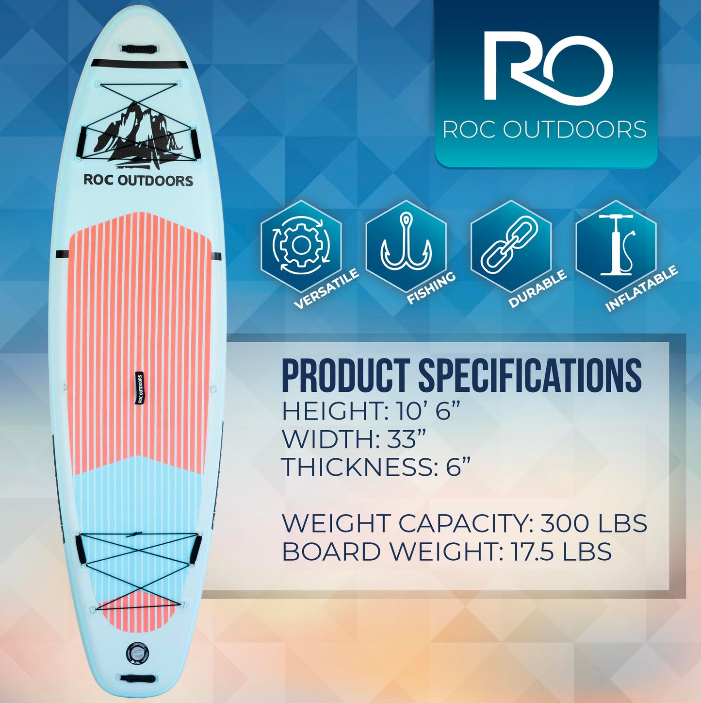 Roc Inflatable Stand Up Paddle Board with Premium SUP Paddle Board Accessories, Wide Stable Design, Non-Slip Comfort Deck for Youth & Adults (Cloud)