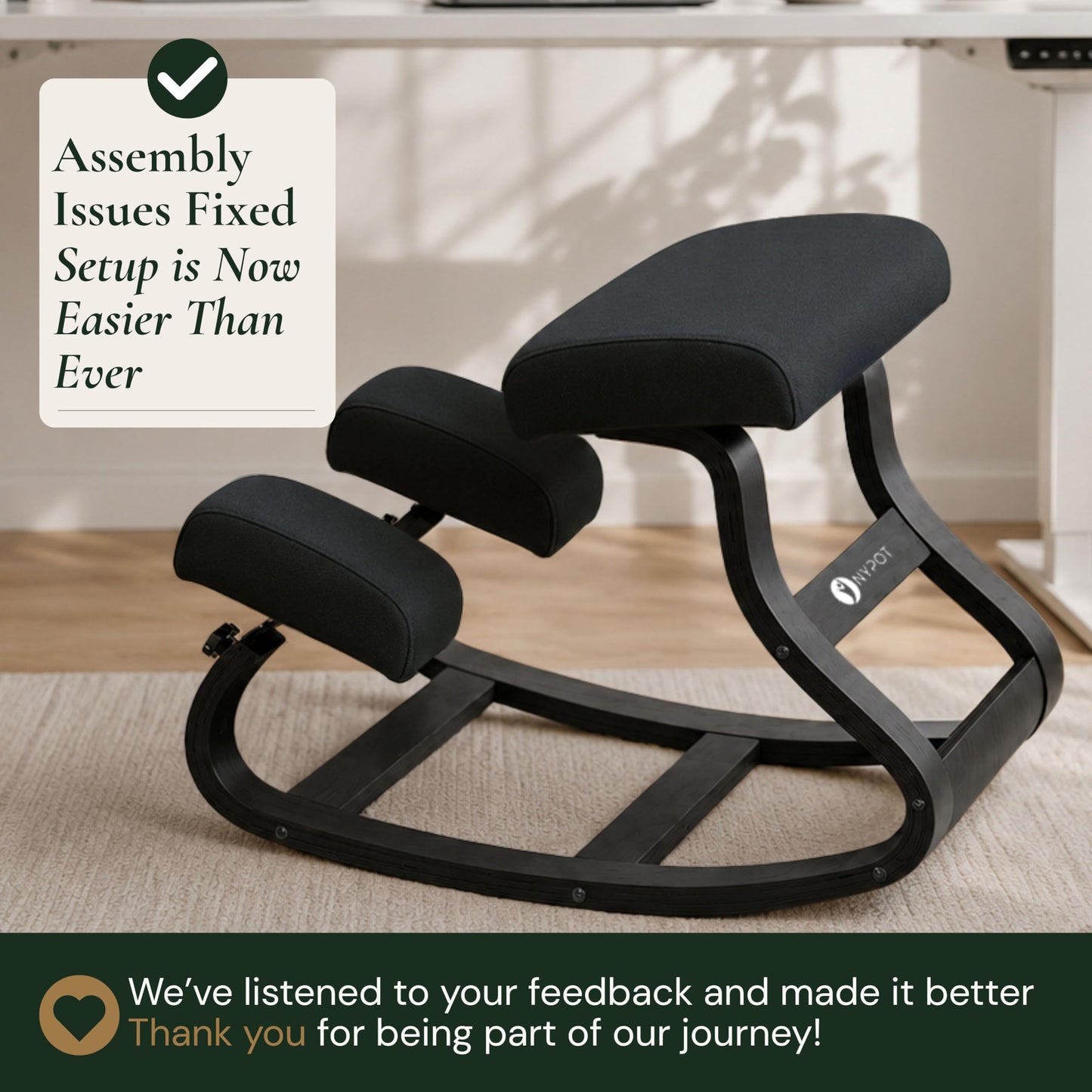NYPOT Ergonomic Kneeling Chair with Adjustable Seats - Knee Chair for Posture Correction & Kneel Rocking Stool for Desk - Back Pain Relief and Support for Home and Office - Modern Total Black
