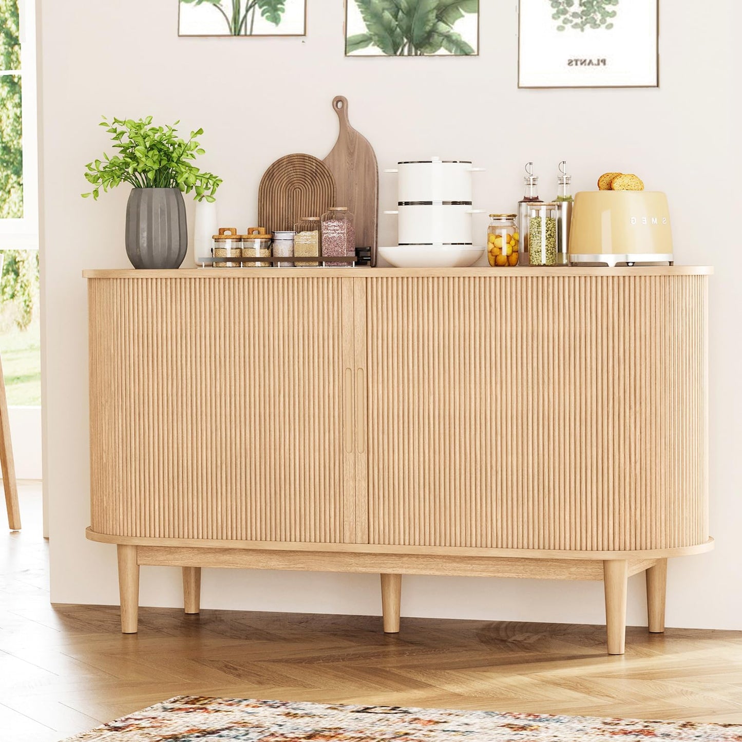 LINSY Home 55" Sideboard Buffet Cabinet,Tambour Sliding Doors & Drawer