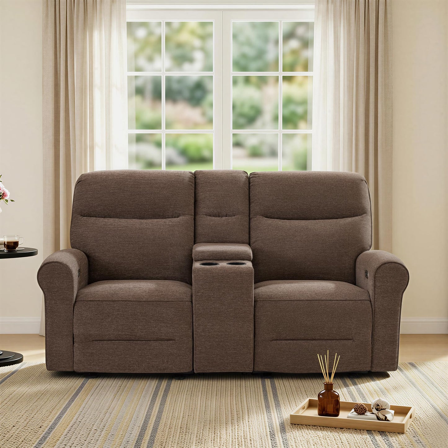 MCombo 78.3" Wall Hugger Power Loveseat Recliner Sofa with Console, Reclining Loveseat with USB Ports, Cup Holders, for Small Spaces Living Room RV, Fabric PR635M2 (Dark Brown)