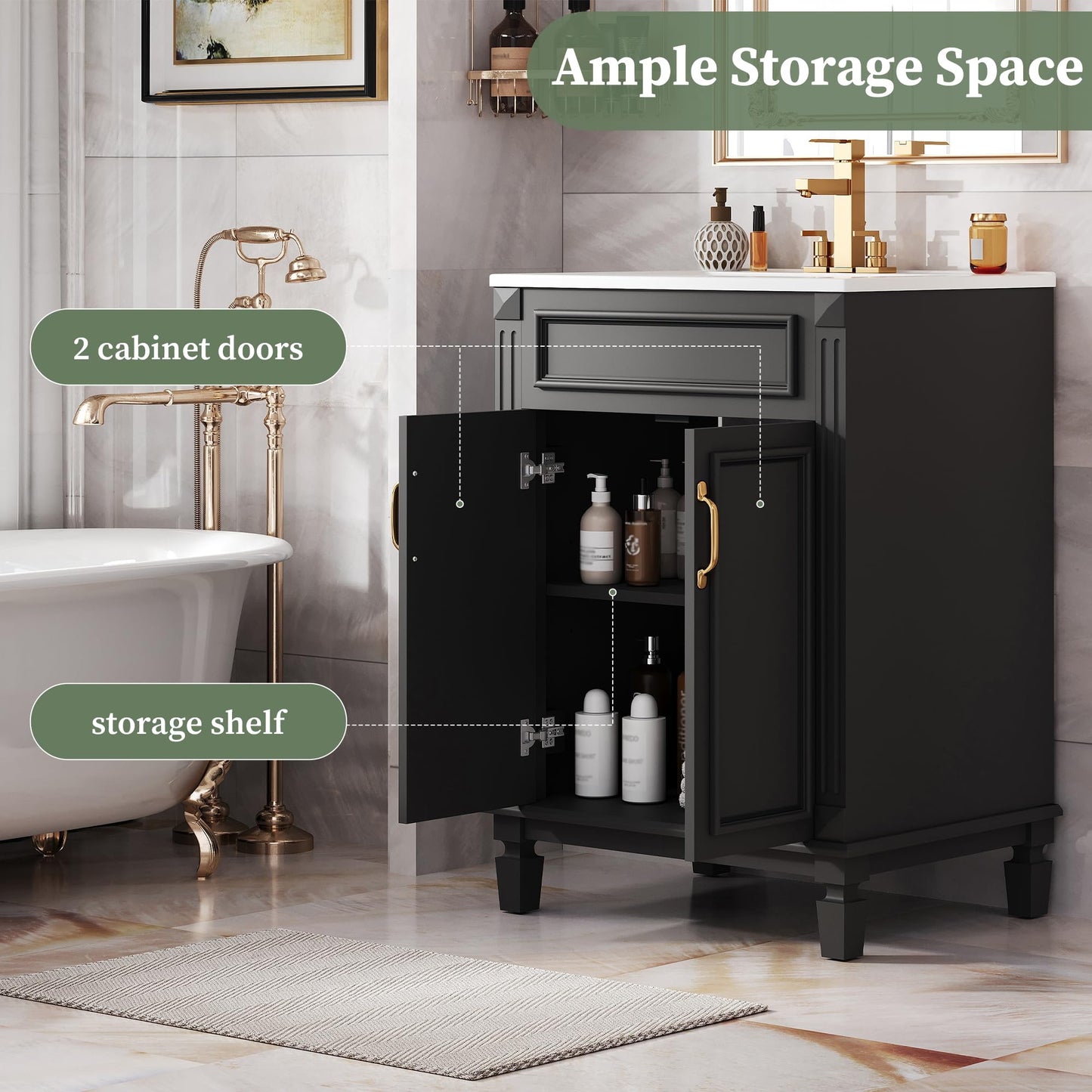 Merax 24 Inch Bathroom Vanity with Ceramic Sink, Modern Solid Wood Storage Cabinet with 2 Soft-Closing Doors and Adjustable Shelf, Black
