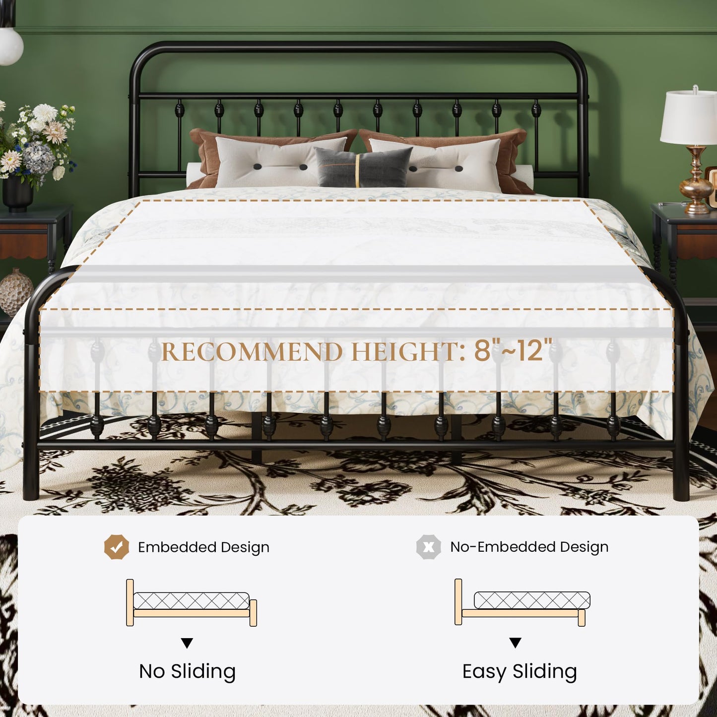 SHA CERLIN King Size Metal Platform Bed Frame with Victorian Style Iron-Art Headboard and Footboard, Easy Assembly, Under Bed Storage, No Box Spring Required, Black