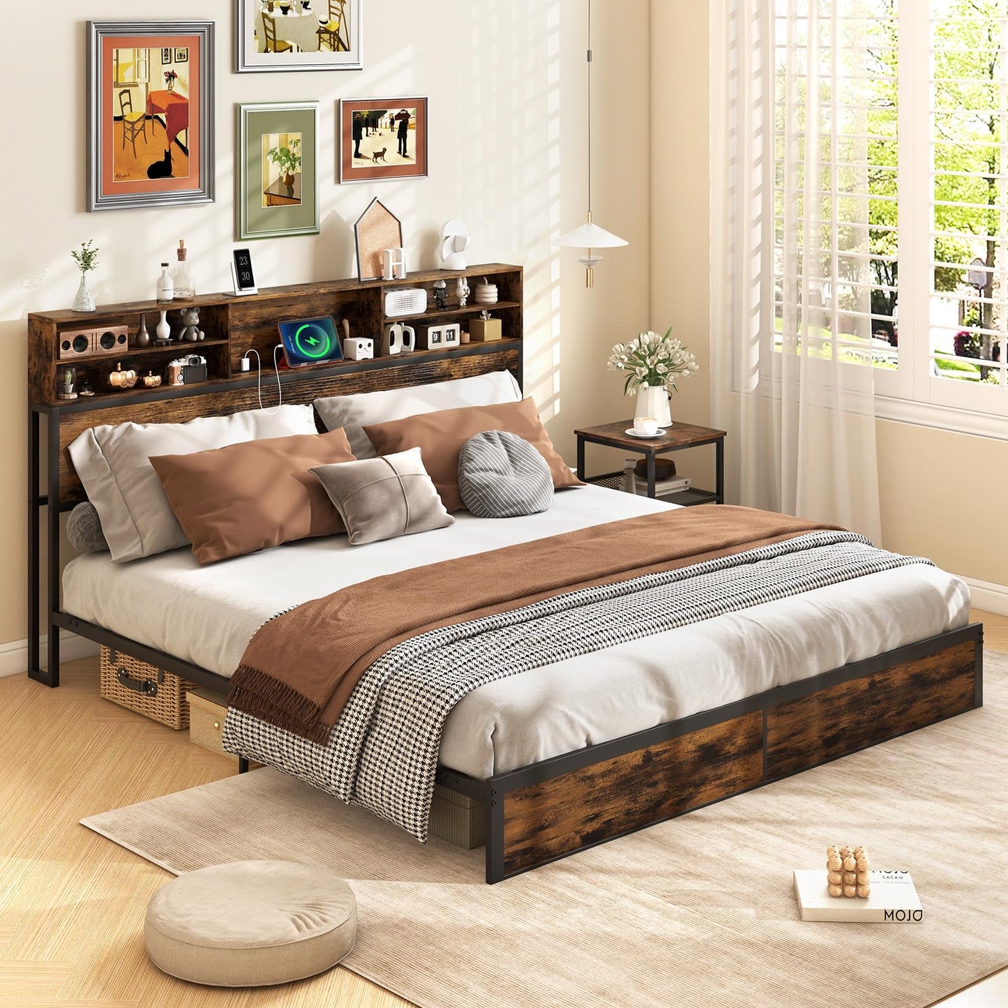 GOFLAME King Size Bed Frame with Storage Headboard, Metal Platform Bed Base with Charging Station & Under Bed Storage, Heavy-Duty Slatted Mattress Foundation, No Box Spring Needed, Rustic Brown