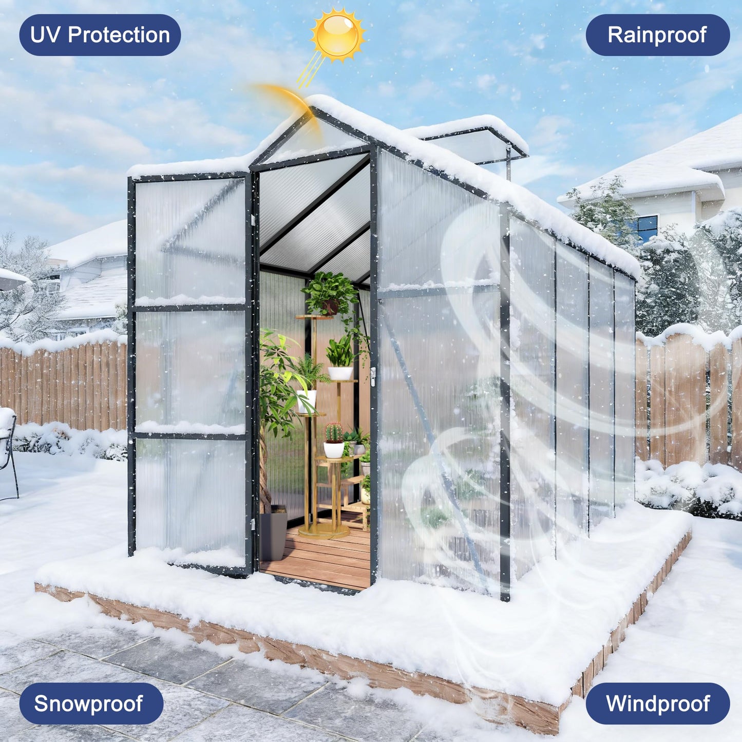 6x14FT Walk-in Polycarbonate Greenhouse Kit, Aluminum Frame Garden Greenhouse with Vent Windows & Rain Gutter, UV Resistant Plant Nursery House for Backyard Patio Plant Growing Shelter
