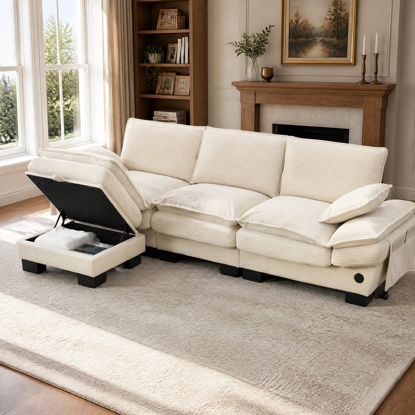102" Oversized Cloud Modular Sectional Sofa with Movable Ottoman, Free Combination Convertible L Shaped Corner Couch Sets,Comfy Corduroy Upholstered Beige Sofa & Couch for Living Room