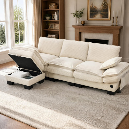 102" Oversized Cloud Modular Sectional Sofa with Movable Ottoman, Free Combination Convertible L Shaped Corner Couch Sets,Comfy Corduroy Upholstered Beige Sofa & Couch for Living Room
