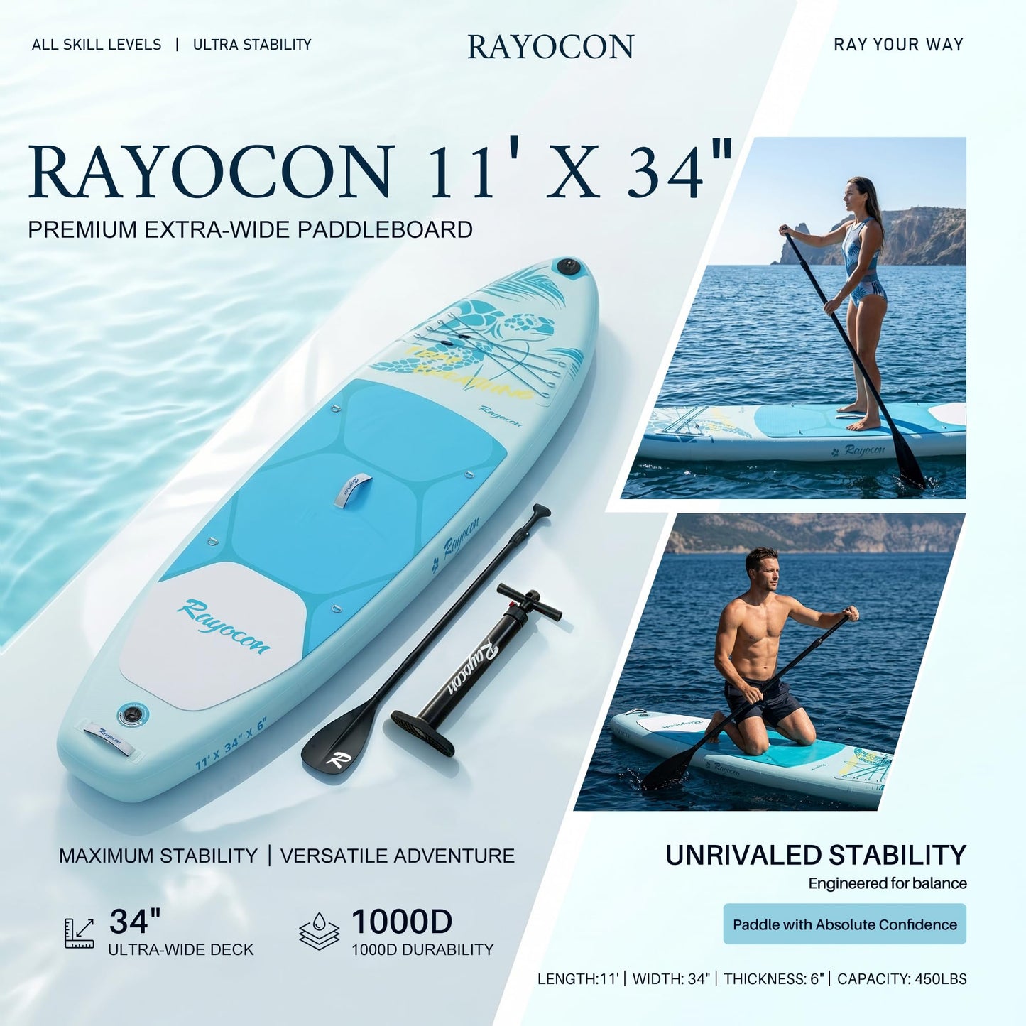 Inflatable Stand Up Paddle Board 11'×34" Extra Wide SUP, Ultra-Stable for Adults & Dog, 450lbs, Dual Chamber Pump, Fiberglass Paddle, Military Grade Dual Layer, Sea Turtle Guardian Design