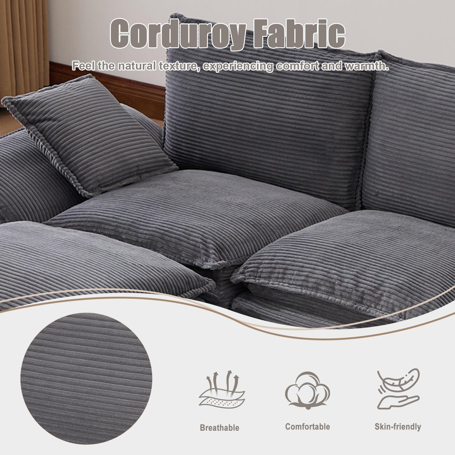 102" Oversized Cloud Modular Sectional Sofa with Movable Ottoman, Free Combination Convertible L Shaped Corner Couch Sets,Comfy Corduroy Upholstered Gray Sofa & Couch for Living Room