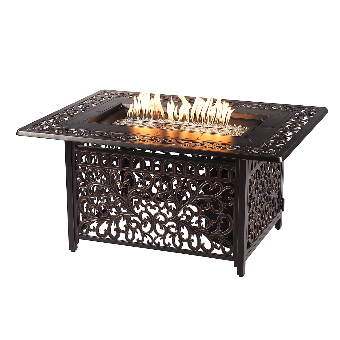 Oakland Living Black Aluminum Patio Fire Table Set with Four Club Chairs with Black Cushions