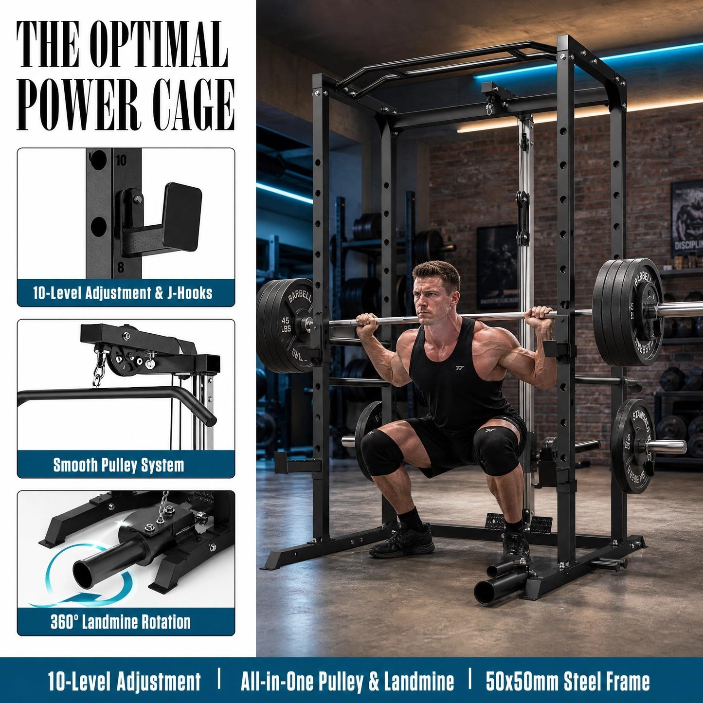 KOPUS Power Rack with Pulley System – Multi-Functional Power Cage Squat Rack, LAT Pull Down, J Hooks & Safety Bars – 1200 lbs Home Gym Equipment – 5 Configurations (Cage + Pulley + 150LB Weights)