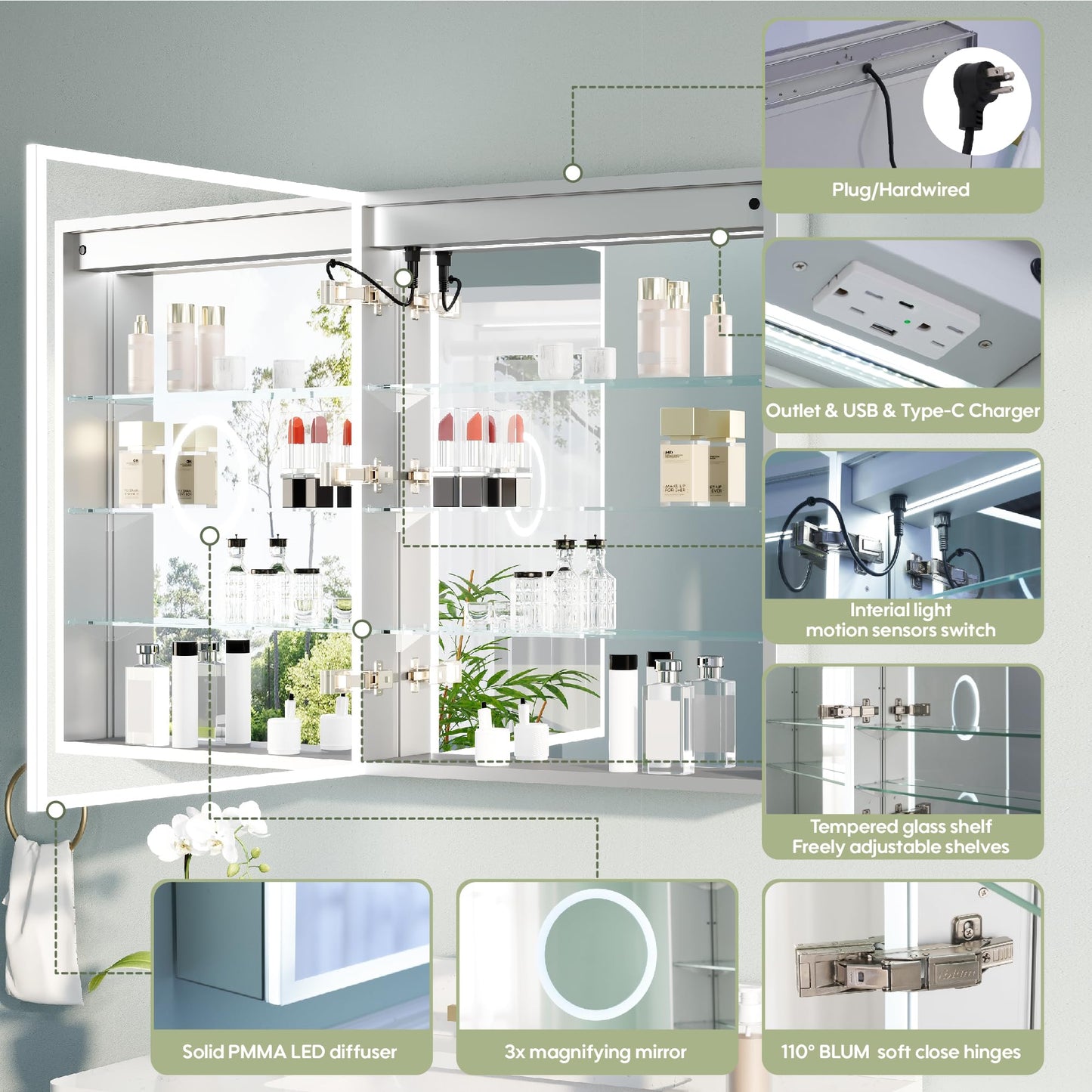 WELLFOR 24" X 30" Medicine Cabinet With Lights, 3X Magnification, Anti-Fog Mirrored Cabinet, Bathroom Vanity With Outlets & USB Ports, Left Opening Door