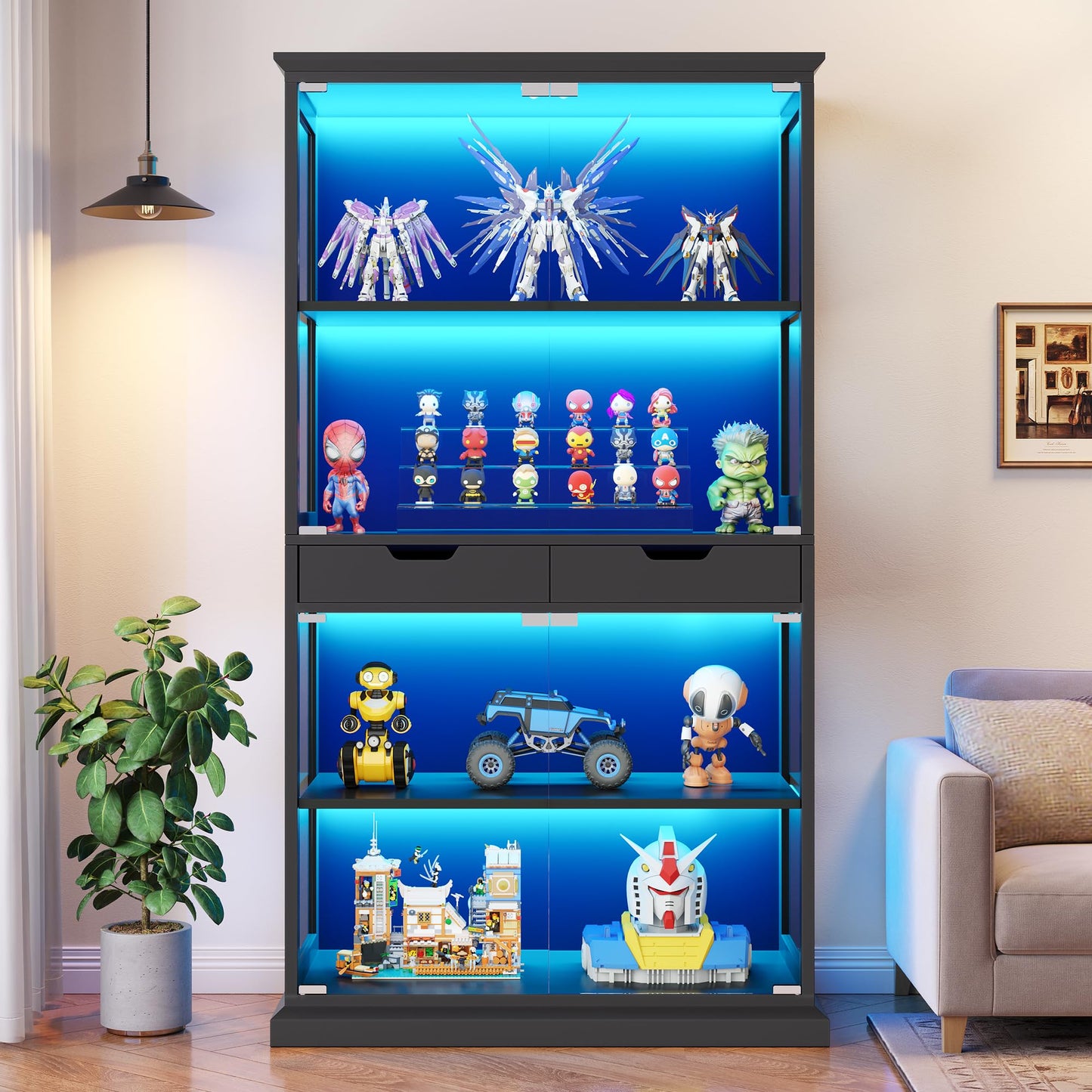 Jocoevol Display Cabinet with Glass Doors, 4-Tier Curio Cabinet with with 2 Drawers for Collectibles, Modern Glass Display Case Human Body Sensor & RGB Lights for Living/Game Room