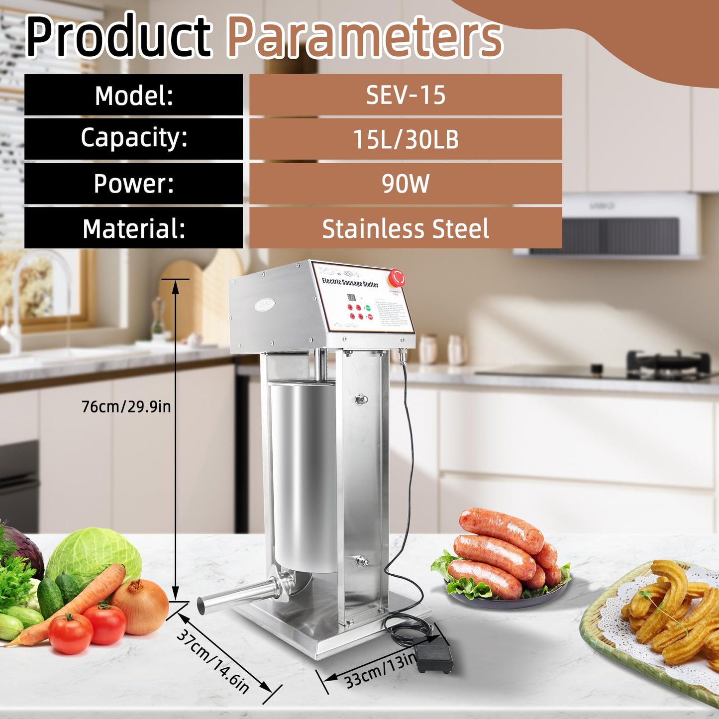 Hakka 30LB Electric Sausage Stuffer, Stainless Steel Electric Sausage Makers and Churro Makers Commercial Sausage Filling Machine with 5 Stuffing Tubes 4 Churros Making Parts