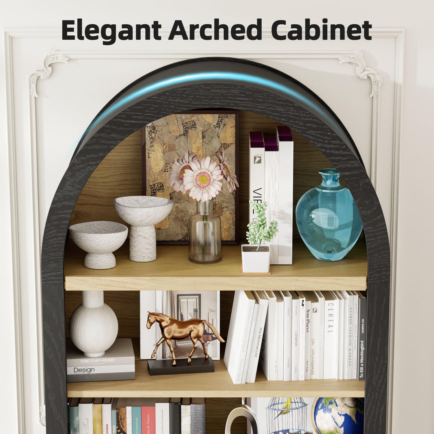 Trygoal 63" Black Arched Cabinet with Doors, 5-Tier Arched Bookshelf with Storage Wood Storage Cabinet with Adjustable Shelves for Kitchen, Living Room, Office, Black & Rattan