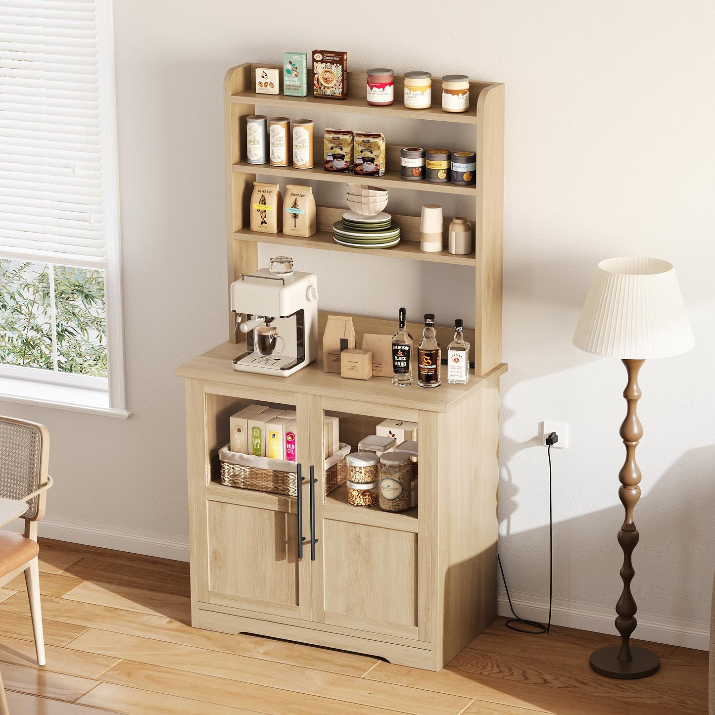 Garvee Farmhouse Bakers Rack with Glass Door, Microwave Stand with Power Outlets, Kitchen Hutch Pantry Cabinet, Kitchen Coffee Bar Cabinet for Spices, Dishes, and Pots, Wood