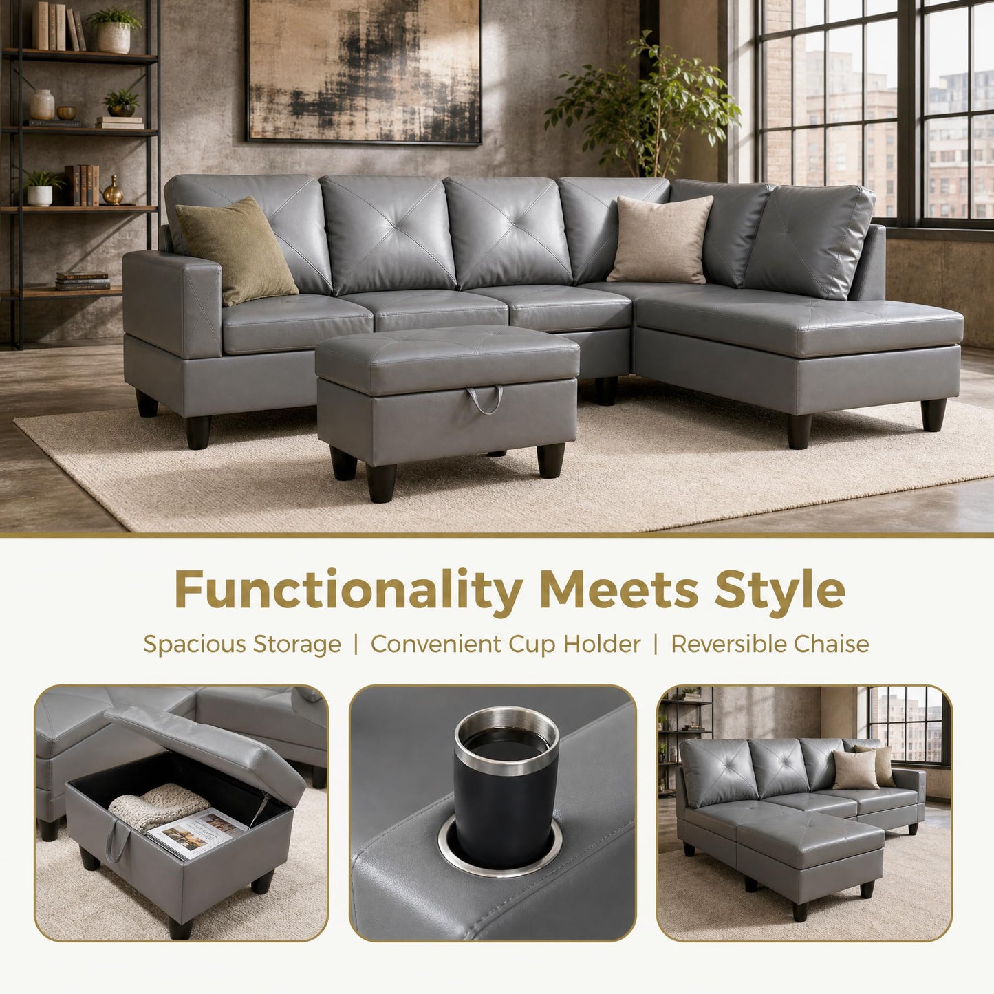 Trygoal 97" Leather L Shaped Couch with Right Chaise & Cup Holder, Sectional Sofas Modular Furniture Set with Storage Ottoman, Convertible Couches for Living Room, Small Space & Office (Grey)