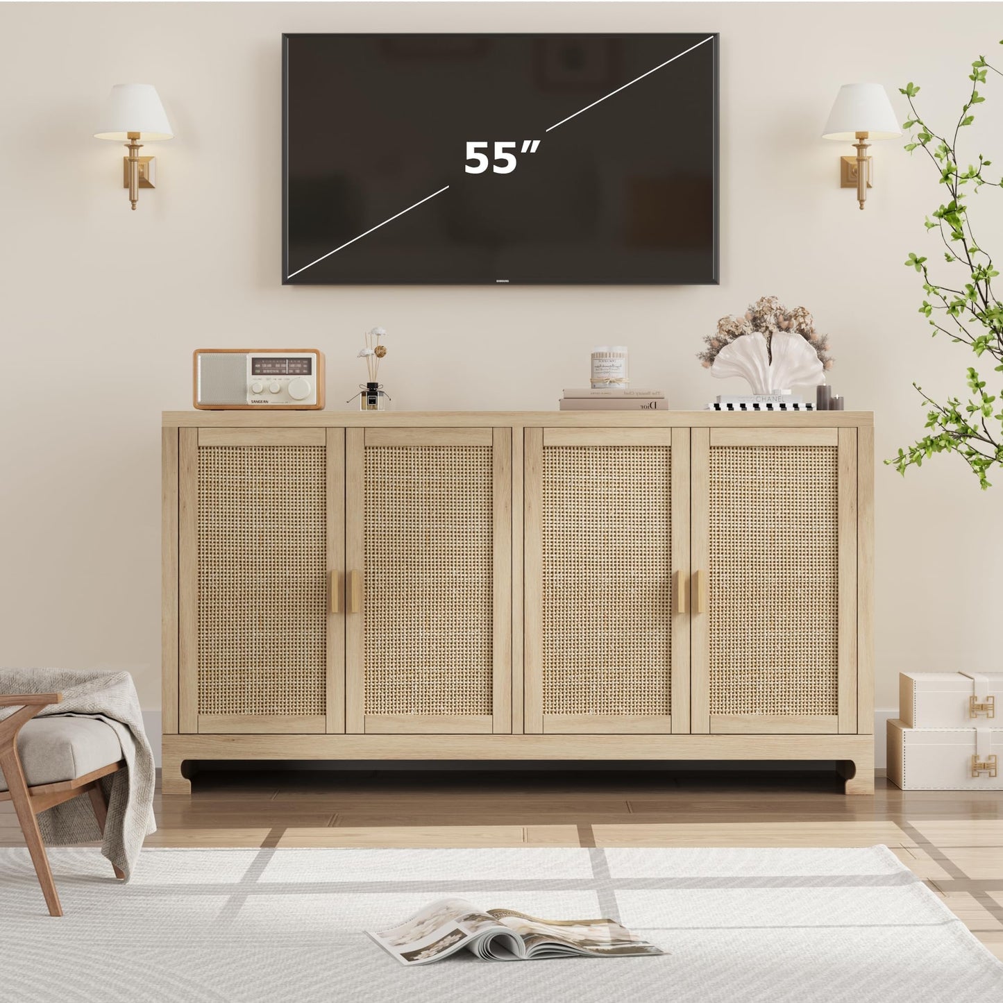 Garvee 40 in Modern Boho Storage Cabinet with Woven Rattan Doors - Adjustable Shelf, Multifunctional TV Stand, Coffee Bar & Entryway Console Table for Kitchen, Living Room (Oak Brown)