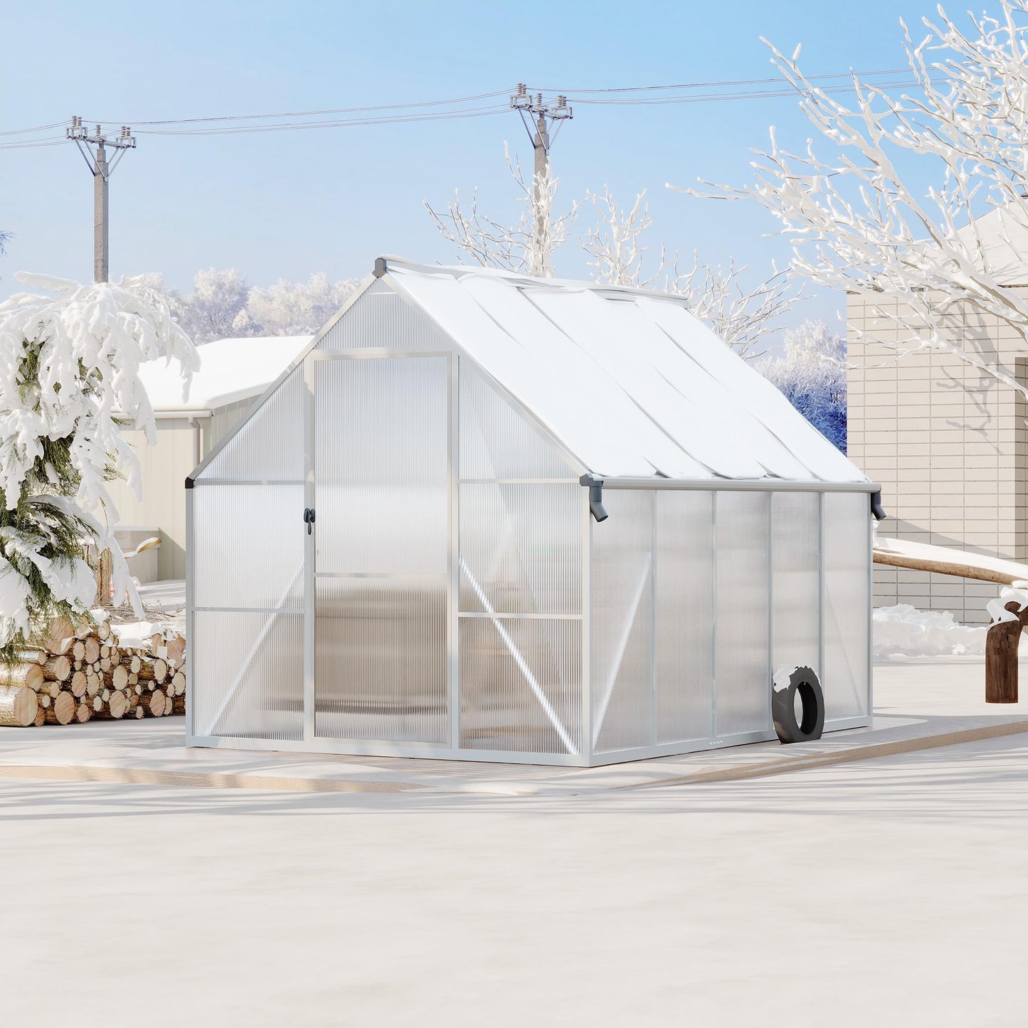 CABIHOME 8x10 FT Outdoor Greenhouse, Polycarbonate Greenhouse with Roof Vent and Ground Nails, Aluminum Large Walk-in Green House w/ Lockable Push Door for Outdoor Garden (Sliver, 8x10 FT)