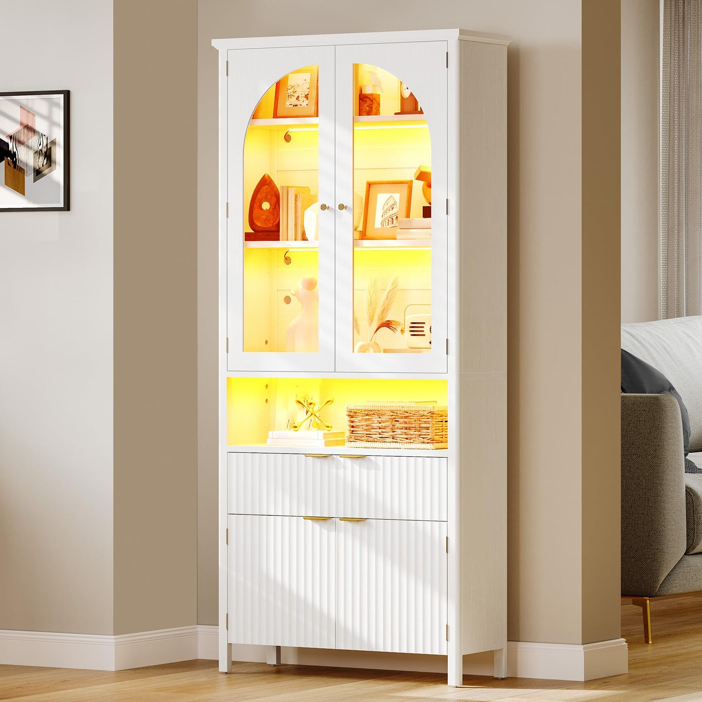 YITAHOME 72" Tall Fluted Bookshelf with LED Lights, White Bookcase with Drawers, Arched Glass Doors, 6-Tier Bookcase for Living Room, Office and Study