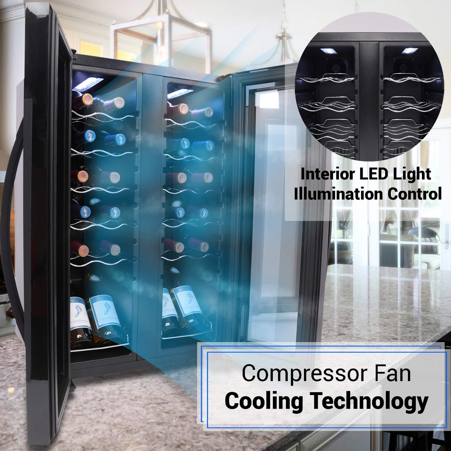 Nutrichef 24 Bottle Wine Fridge | Dual Zone Wine Chiller | Adjustable Temperature 41°F to 64°F | Ultra Quiet Operation | Wine Cooler For Home & Office | Free Standing 31x19x20 IN | Black