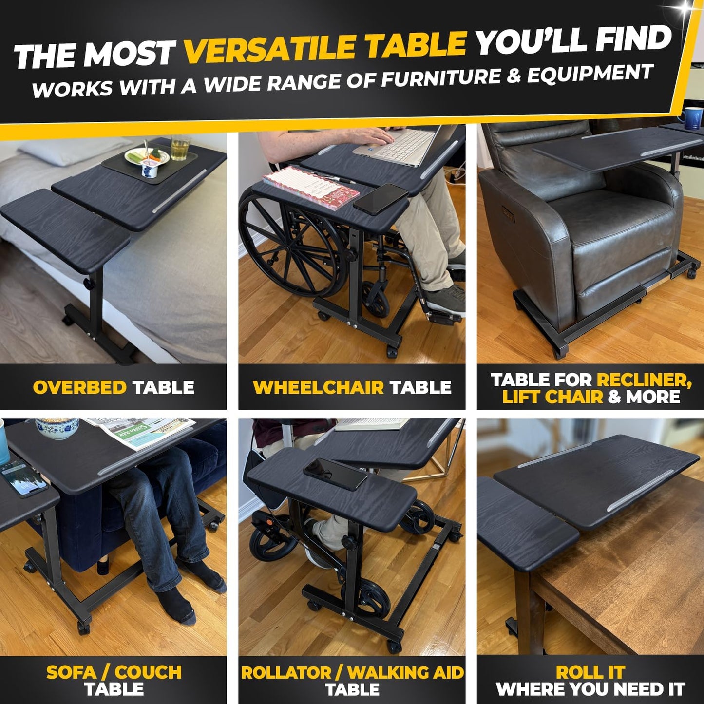 Sigmade Recliner Table, Over the Bed Table with Wheels, Adjustable Width & Height, with Split Tilt Design & 4 Caster Wheels with Brakes (Black Oak Tabletop, Black Base)