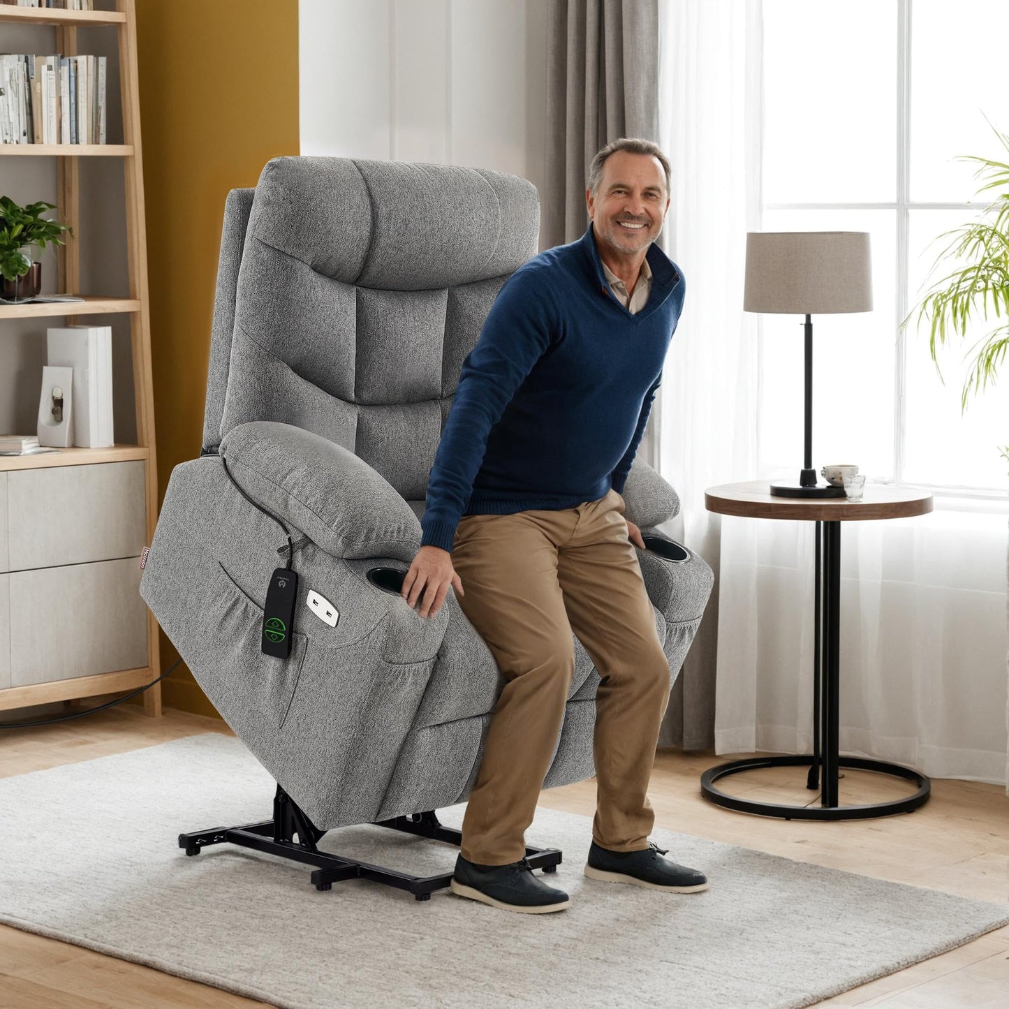 MCombo Power Lift Recliner Chair for Elderly, Electric Lift Chair with Extended Footrest, USB Ports, Cup Holders, Fabric 7287 (Dark Gray, Medium)