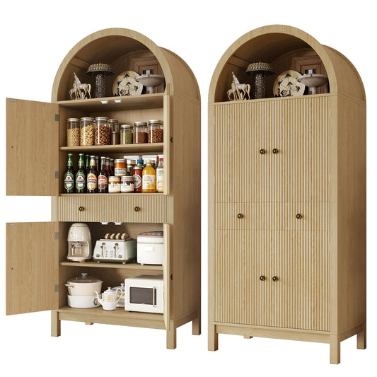 Apicizon 70" Tall Arched Kitchen Pantry Cabinet, 6-Tier Modern Fluted Wood Storage Cabinet with Doors Drawer & Adjustable Shelves, Farmhouse Cupboard Organizer for Dining Room, Bathroom, Natural