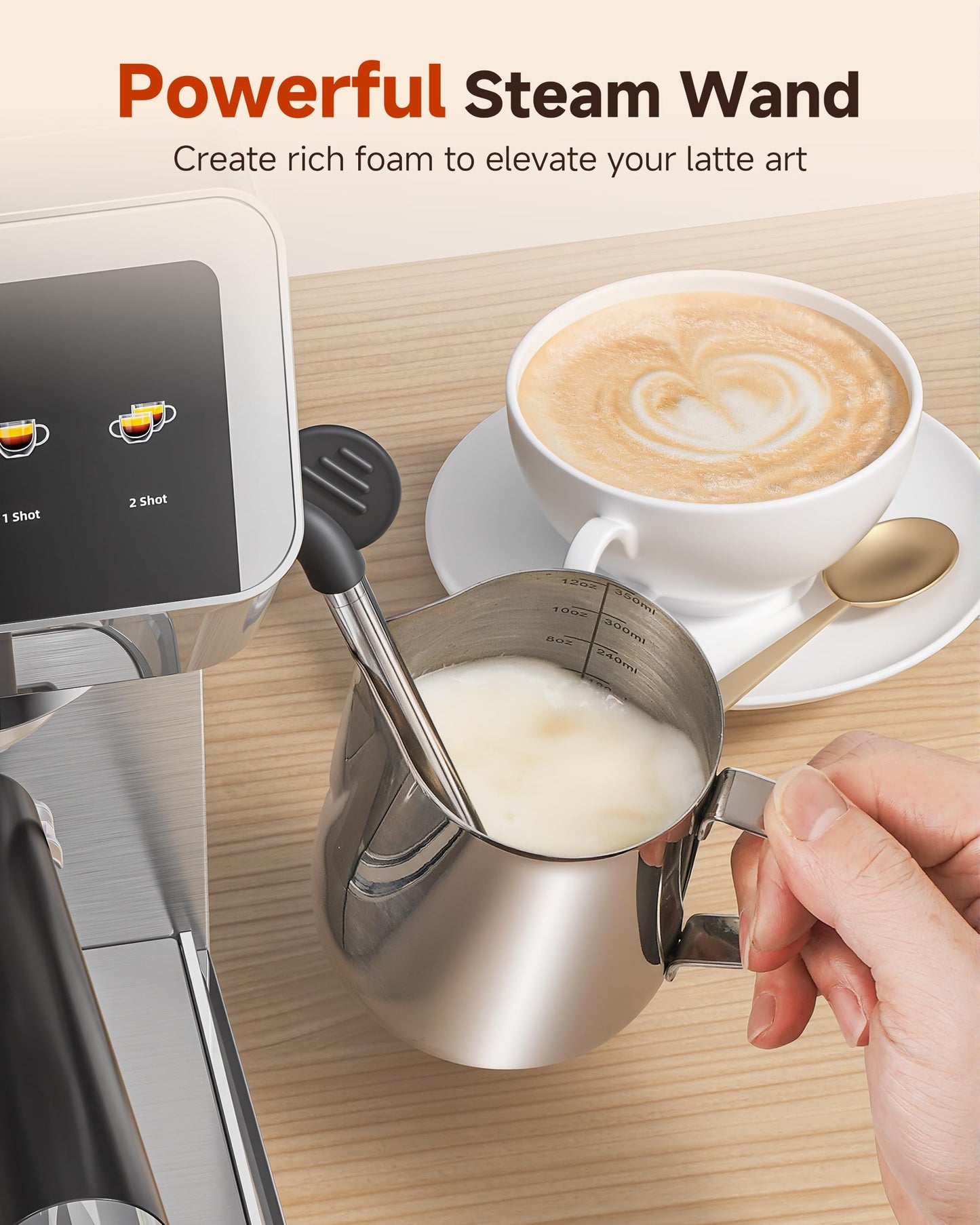 AMZCHEF Espresso Machine With Grinder, 190℉-201℉ Temp Control Coffee machine with 44 Grind Setting, Milk Frother, Touch Screen, Cold Brew, Sliver