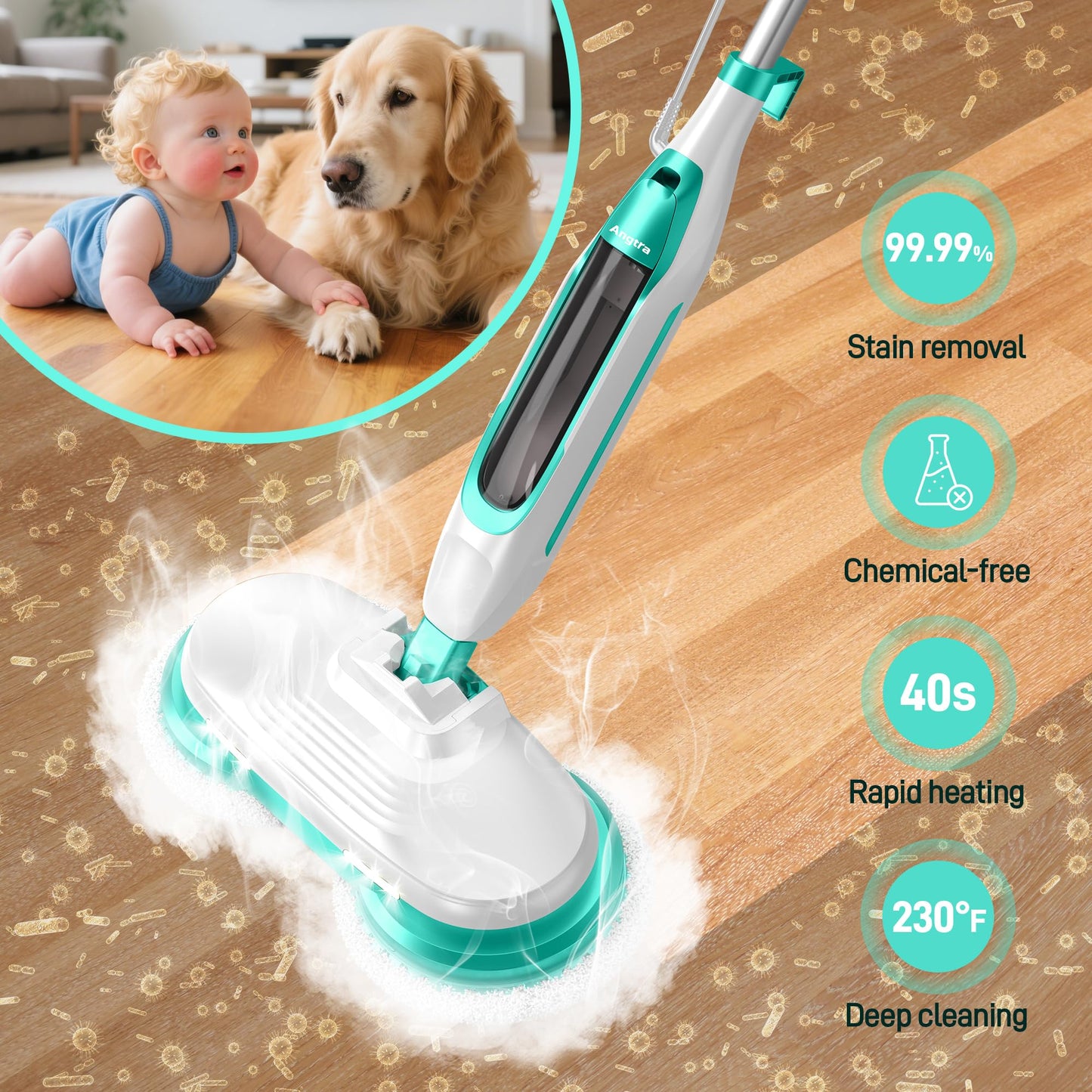 Angtra Scrubbing Steam Mop with Rotating Mop Pads, All-in-One Hard Floor Cleaner with LED Headlights, Steam & Spin Control, 6 Soft Scrub Pads, Swivel Steering, FS07