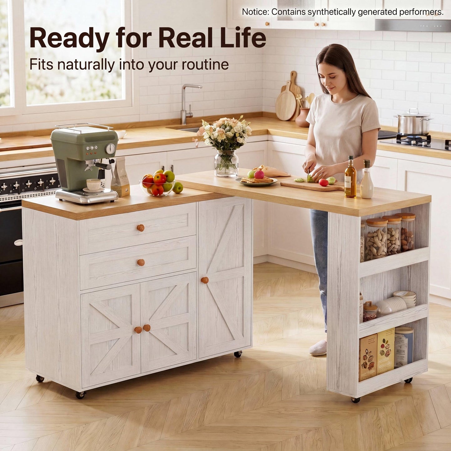 IRONCK Kitchen Island with 360° Swivel Table, Rolling Island with Storage, Kitchen Cart with Spacious Drawer, Storage Cabinets and Spice Rack for Home, Dining Room