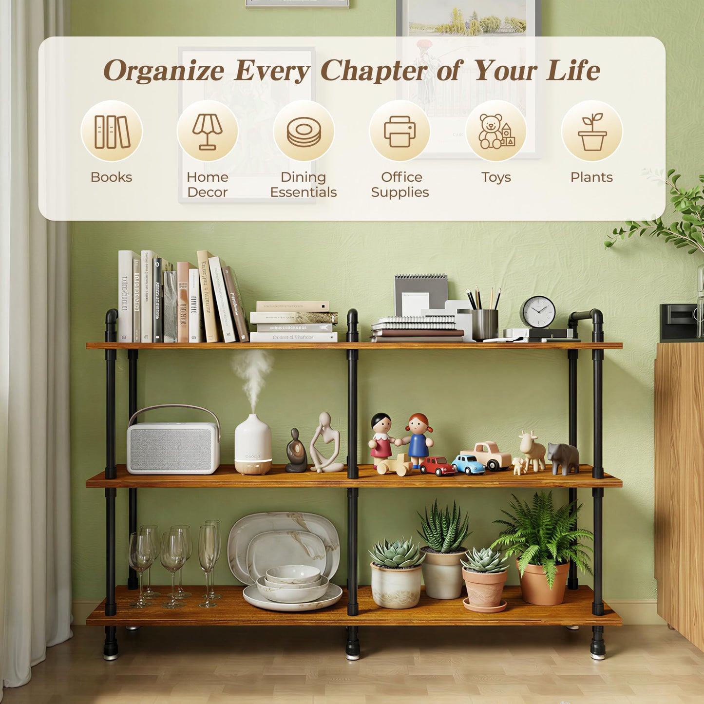 Industrial Bookshelf, Rustic Open Bookcase, 3 Tier Wide Wood and Metal Bookshelf, Solid Pine Wood and Iron Pipe Long Storage Shelf Wide Open Storage Shelf for Living Room Office Bedroom Kitchen