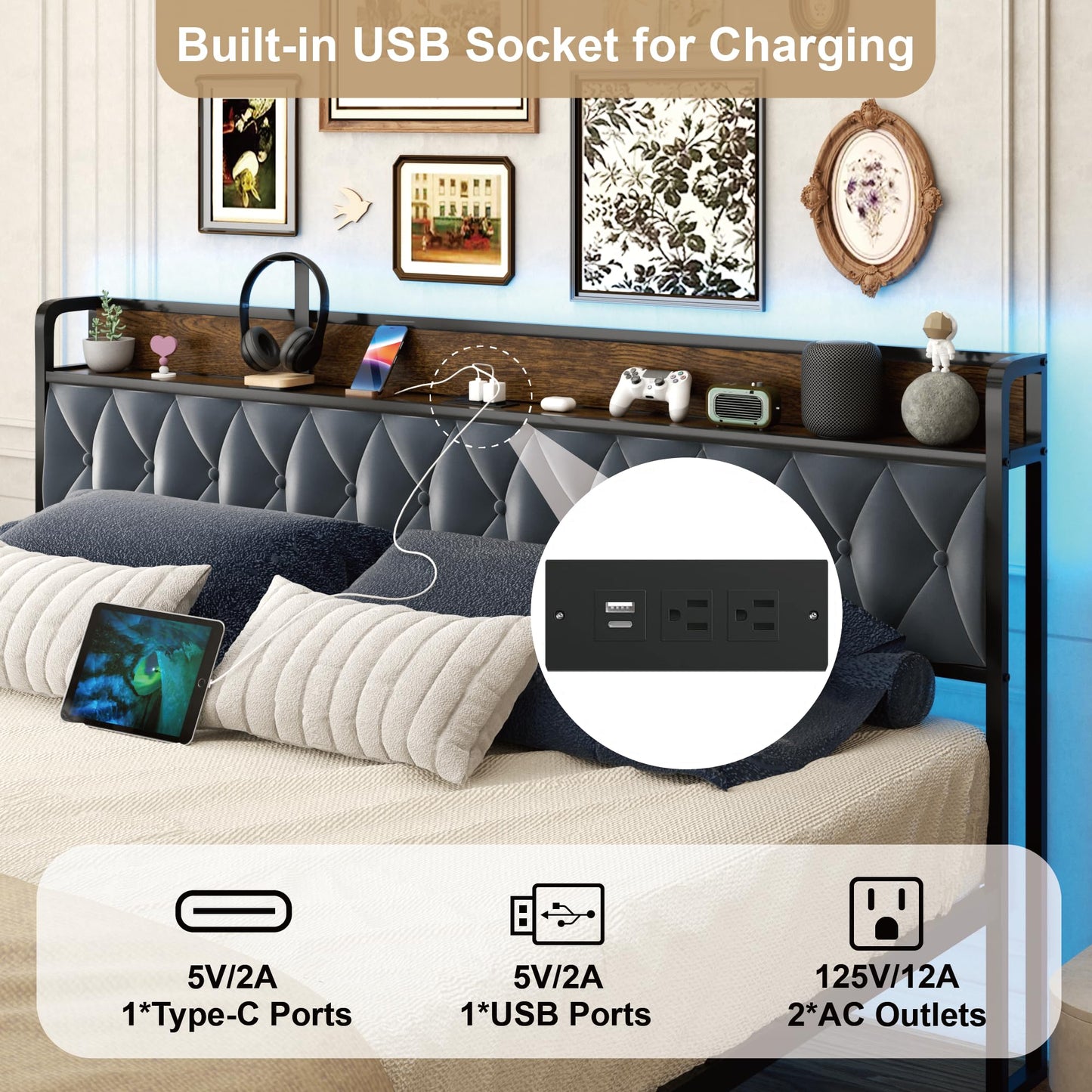 Sismplly Queen Size Metal Platform Bed Frame with 2 Storage Drawers & LED Light, Upholstered Headboard with Charging Station, No Box Spring Needed, Brown Wood Panel