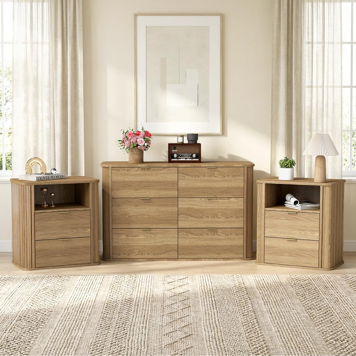 SOARMOTE 3-Piece Bedroom Furniture Set, Modern Fluted 6 Drawer Dresser & 2-Drawer Nightstands,Mid-Century Wood Storage Cabinet Set n for Bedroom, Hallway (Walnut)