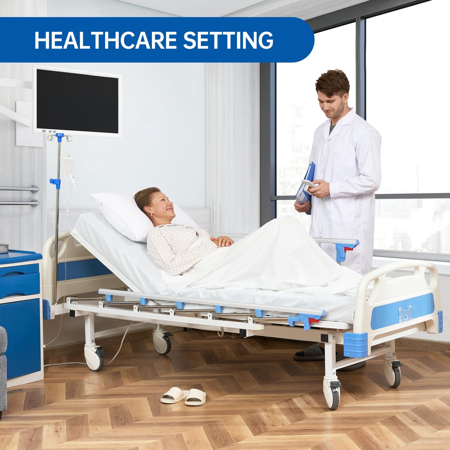 RESTISLAND Hospital Bed Electric 2 Function, 5-Inch Locking Casters for Home Hospital Use, 530LBS Loading, with IV Pole, Bed Tray and Mattress