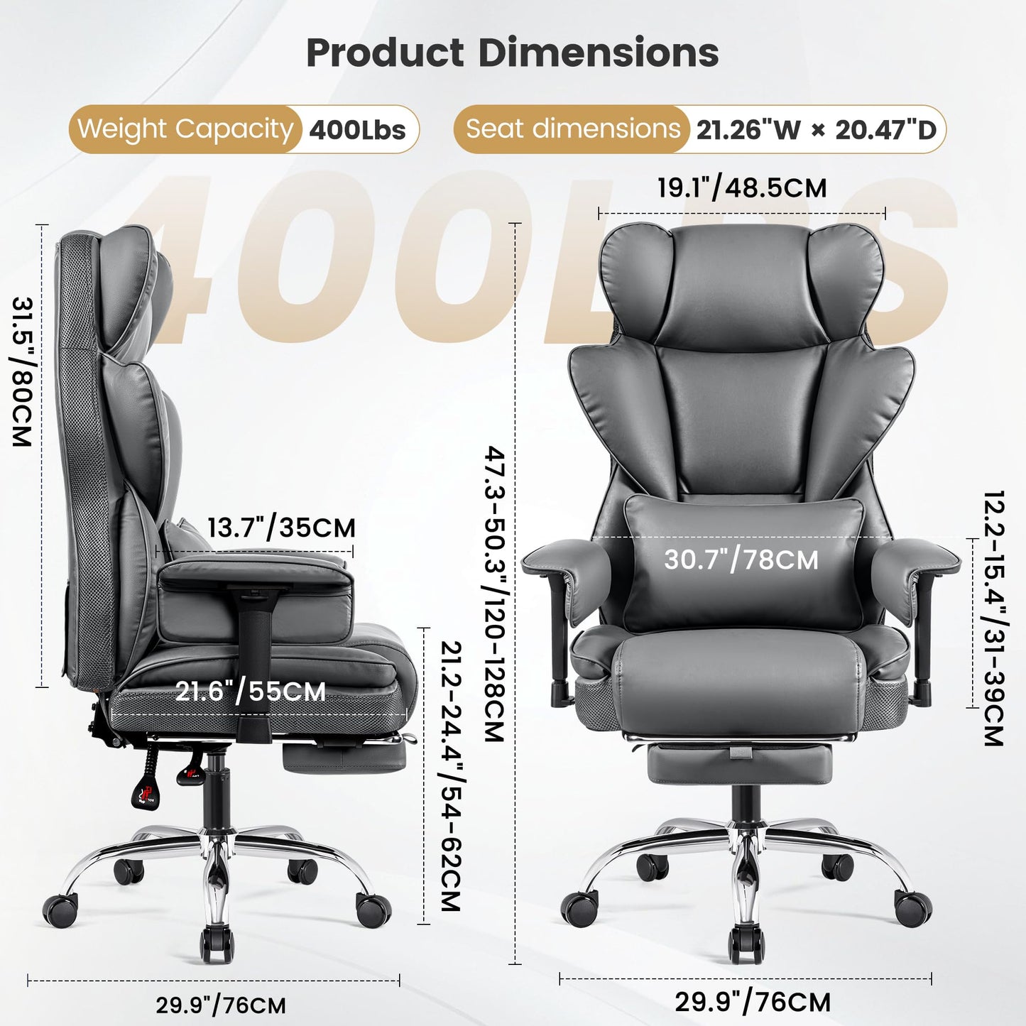 Stella Mia Big and Tall Office Chair, Heavy Duty Ergonomic Executive Computer Chair with Adjustable Arms and Wide Seat, PU Leather High Back for Heavy People, Gray 2 Pack