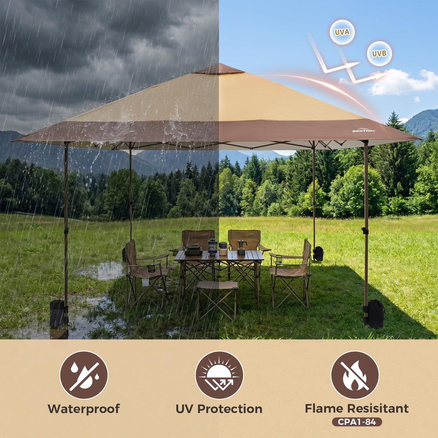 OUTDOOR LIVING SUNTIME 13x13 Instant Easy Pop Up Canopy,Portable Commercial Gazebo Camping Gazebo Tent Shelter with Wheeled Roller Carry Bag, Bonus Weight Sandbags, Stakes, Ropes -Khaki