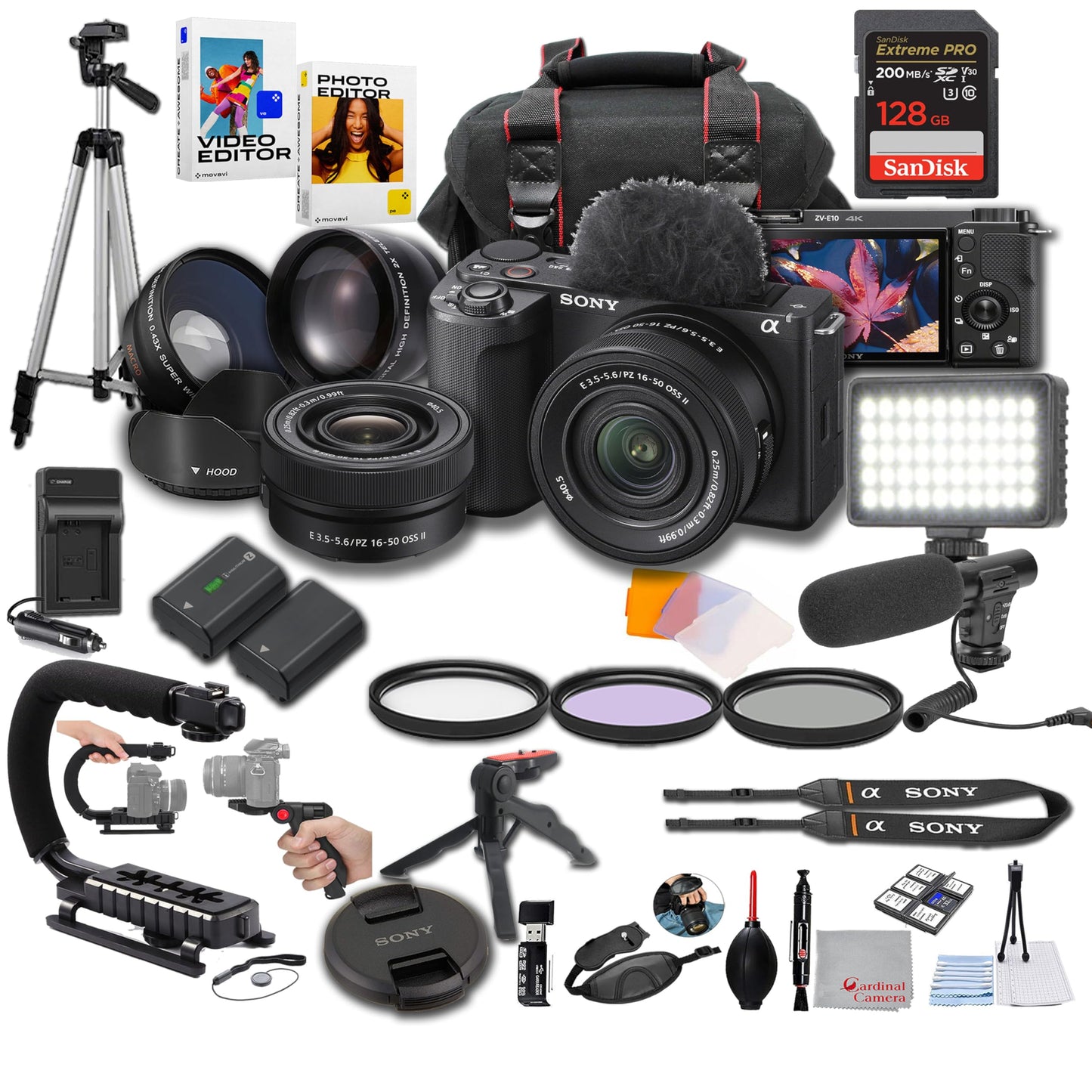 Sony ZV-E10 II + 16-50mm Lens, LED Light, Microphone, 128GB Extreme Speed, U-Grip, Filters, Tripod, Case, Software, & More – Pro Video Bundle (35pc)